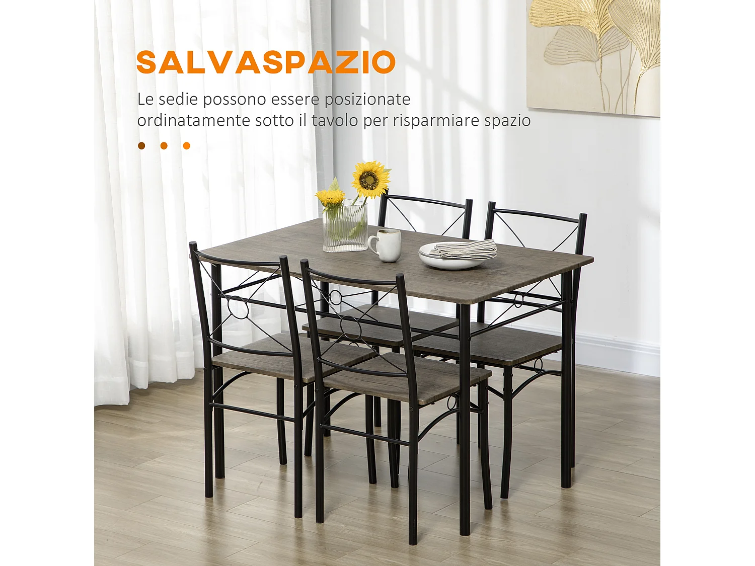 Set da cucina con tavolo da pranzo e 4 sedie in mdf e metallo