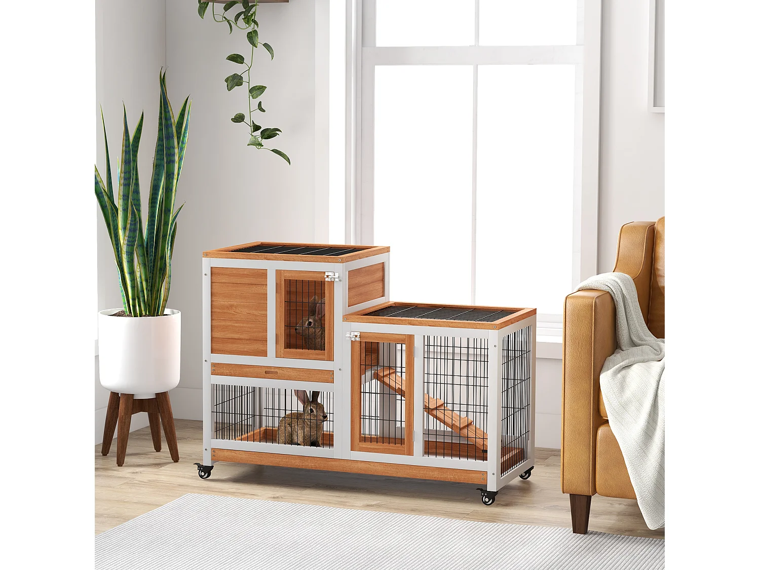 Conigliera con casetta per conigli e rampa in legno giallo