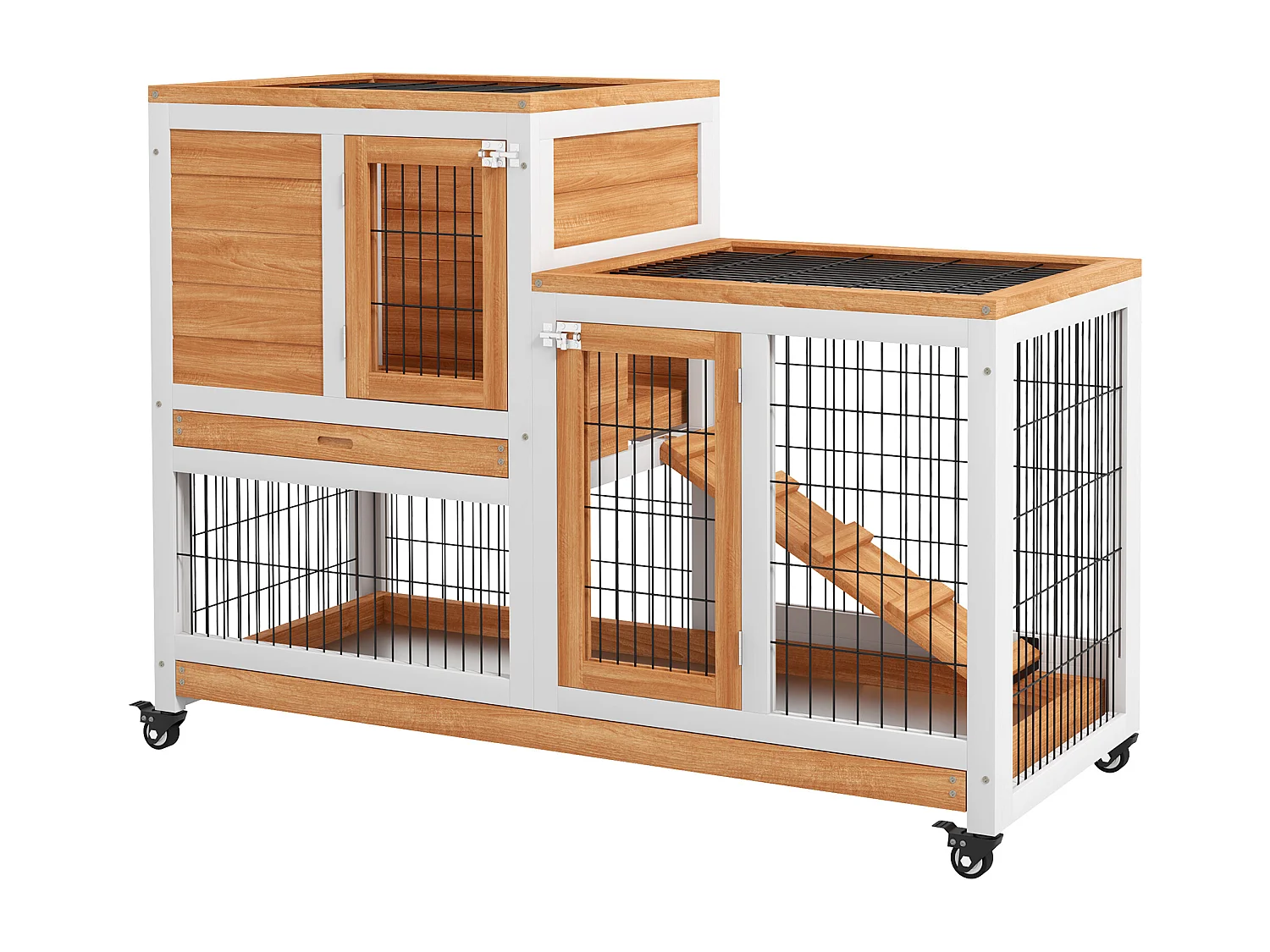 Conigliera con casetta per conigli e rampa in legno giallo