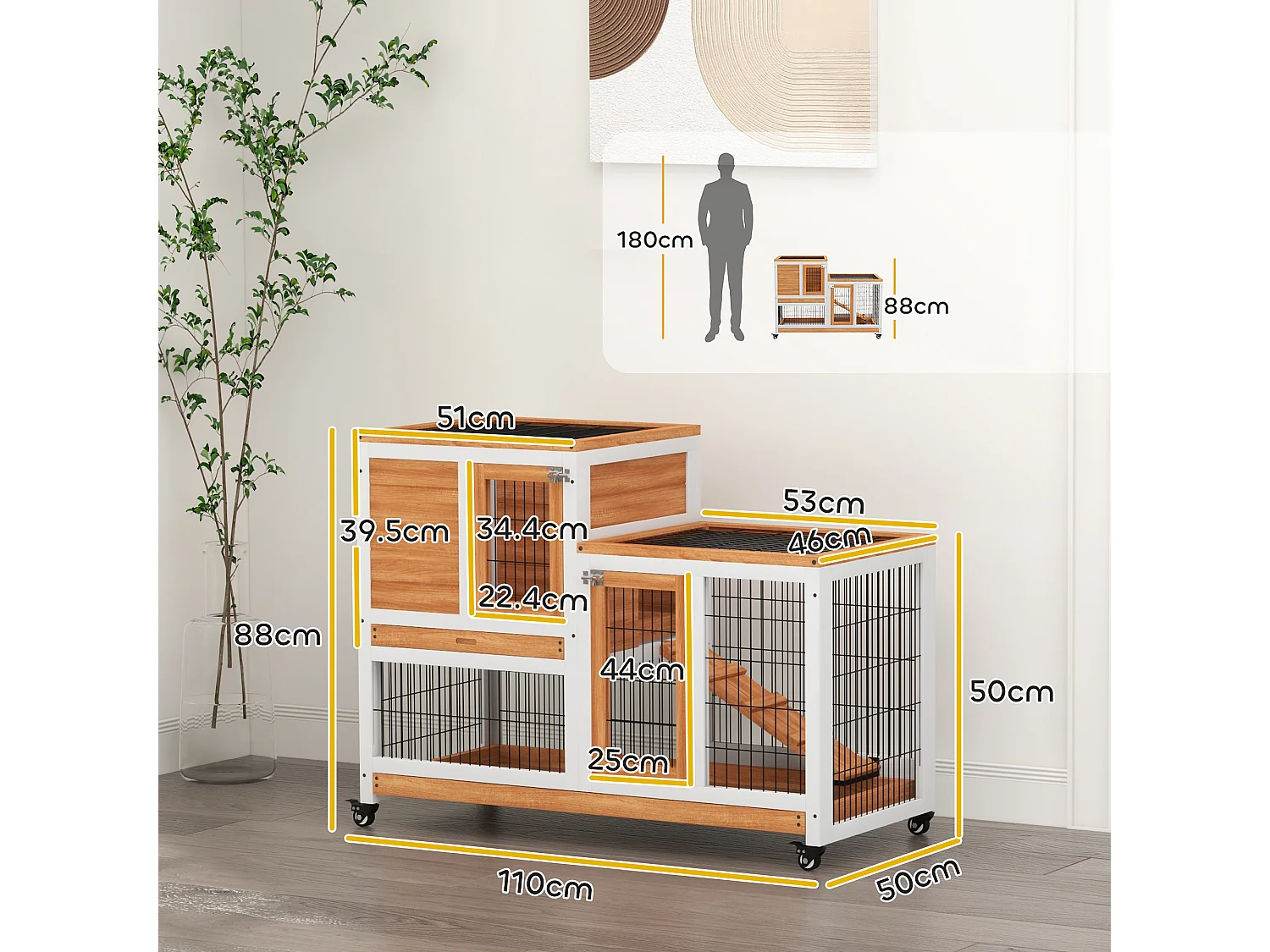 Conigliera con casetta per conigli e rampa in legno giallo