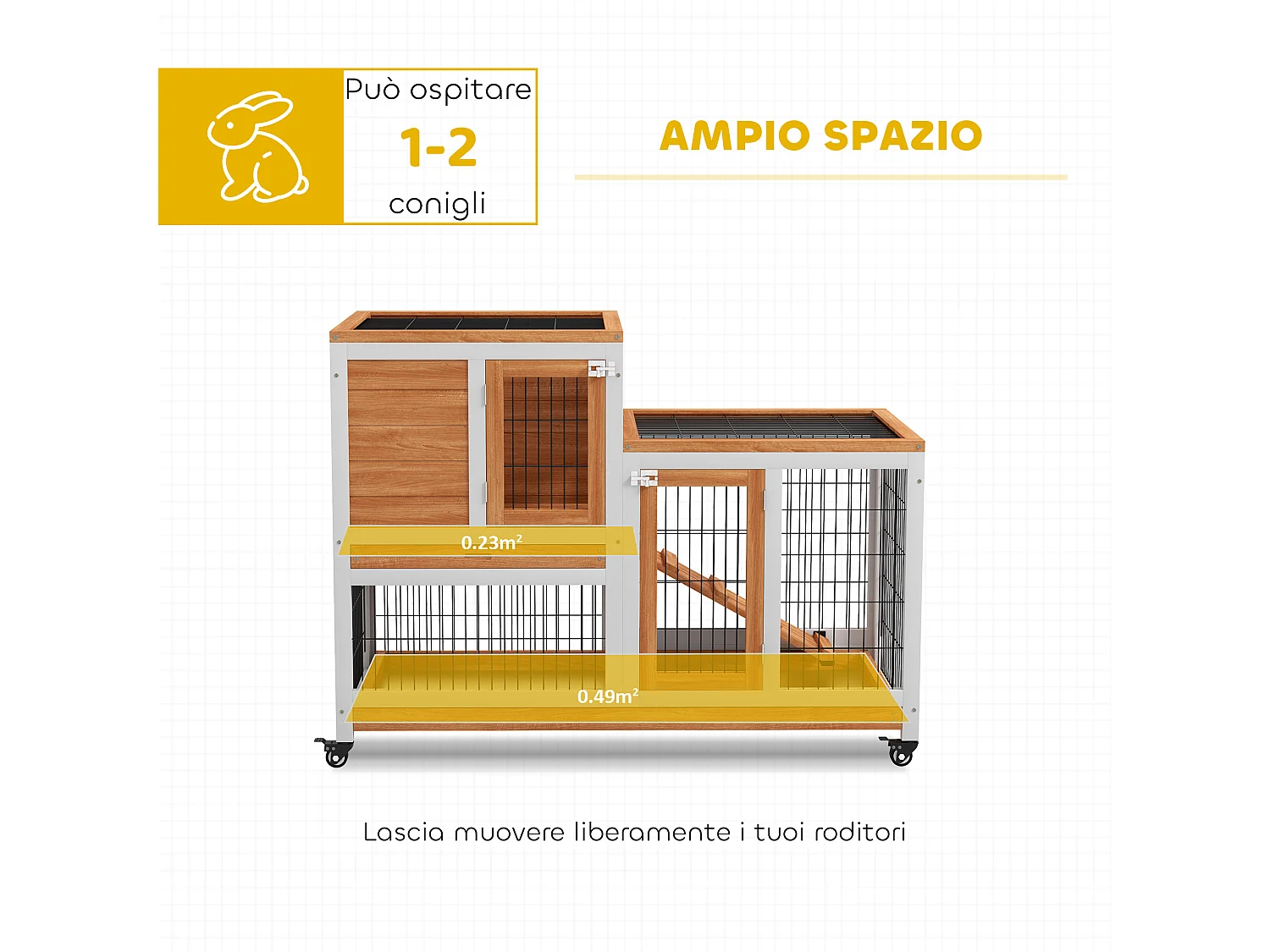 Conigliera con casetta per conigli e rampa in legno giallo