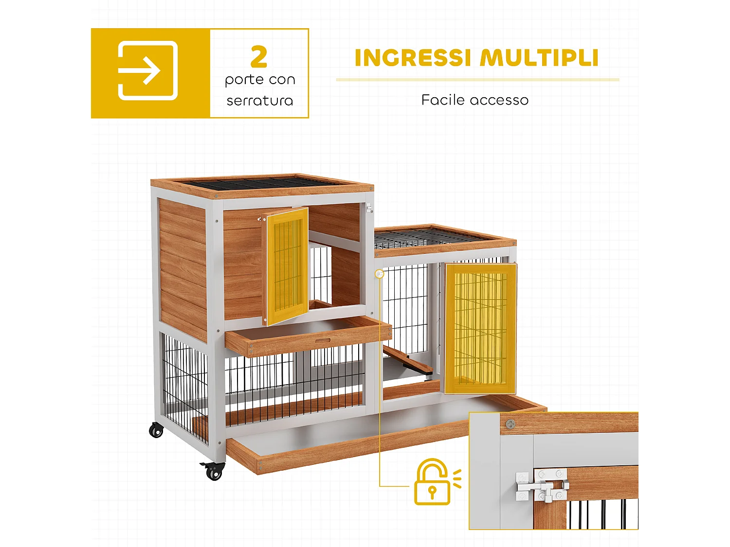 Conigliera con casetta per conigli e rampa in legno giallo