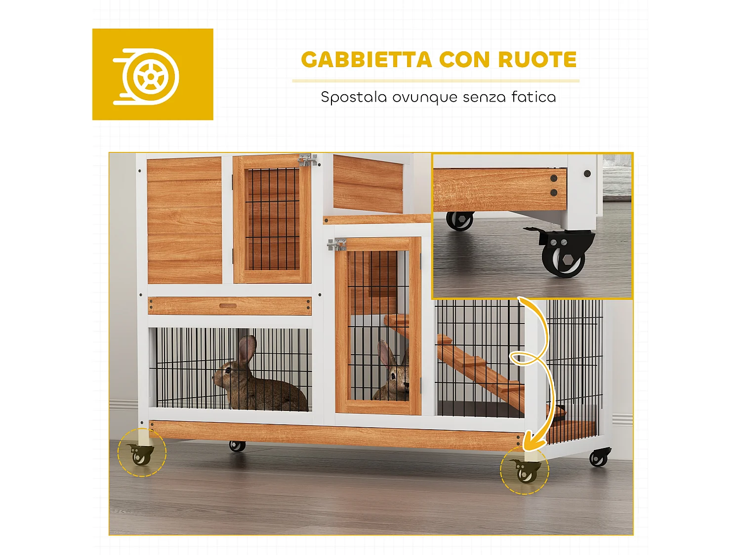 Conigliera con casetta per conigli e rampa in legno giallo