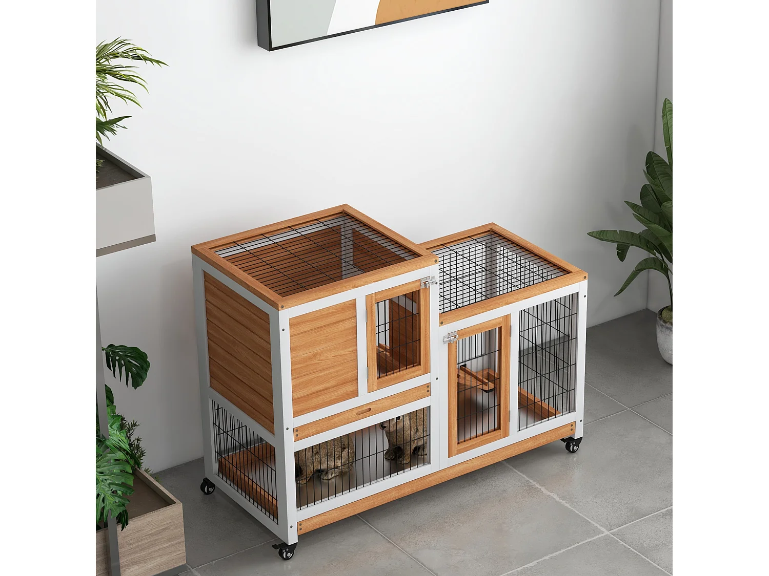 Conigliera con casetta per conigli e rampa in legno giallo