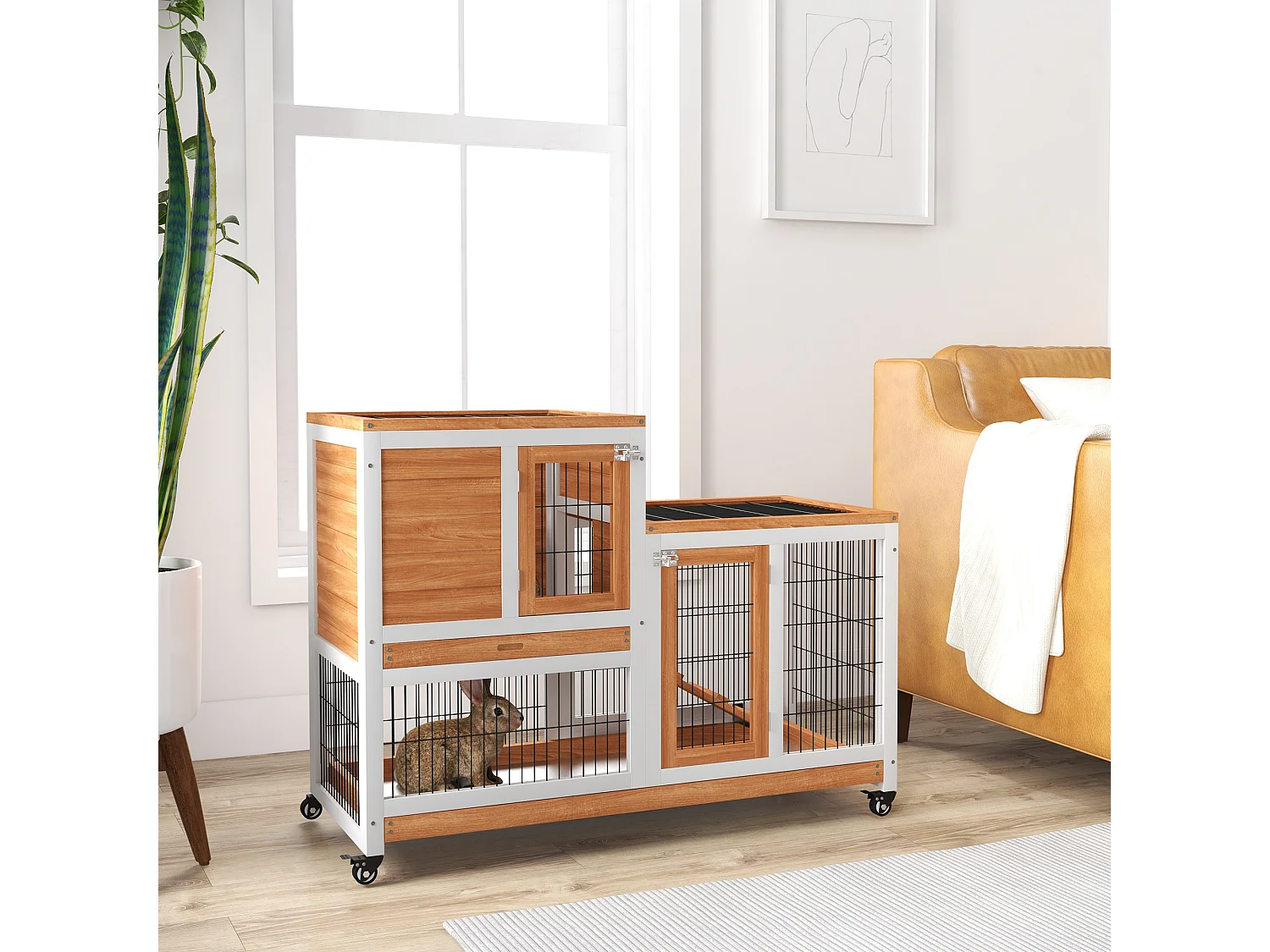 Conigliera con casetta per conigli e rampa in legno giallo