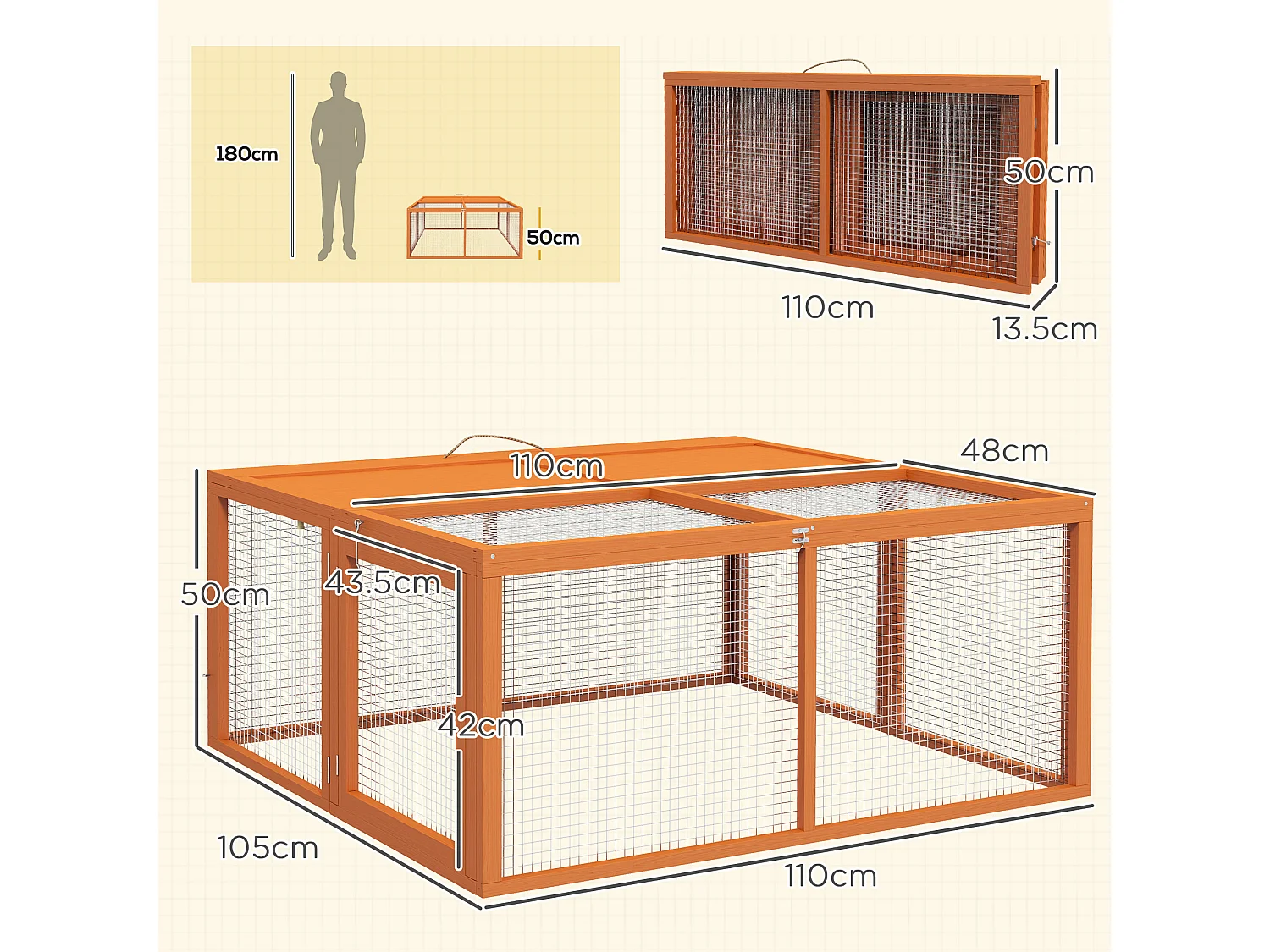 Conigliera da esterno pieghevole in legno e acciaio 110x105x50 cm