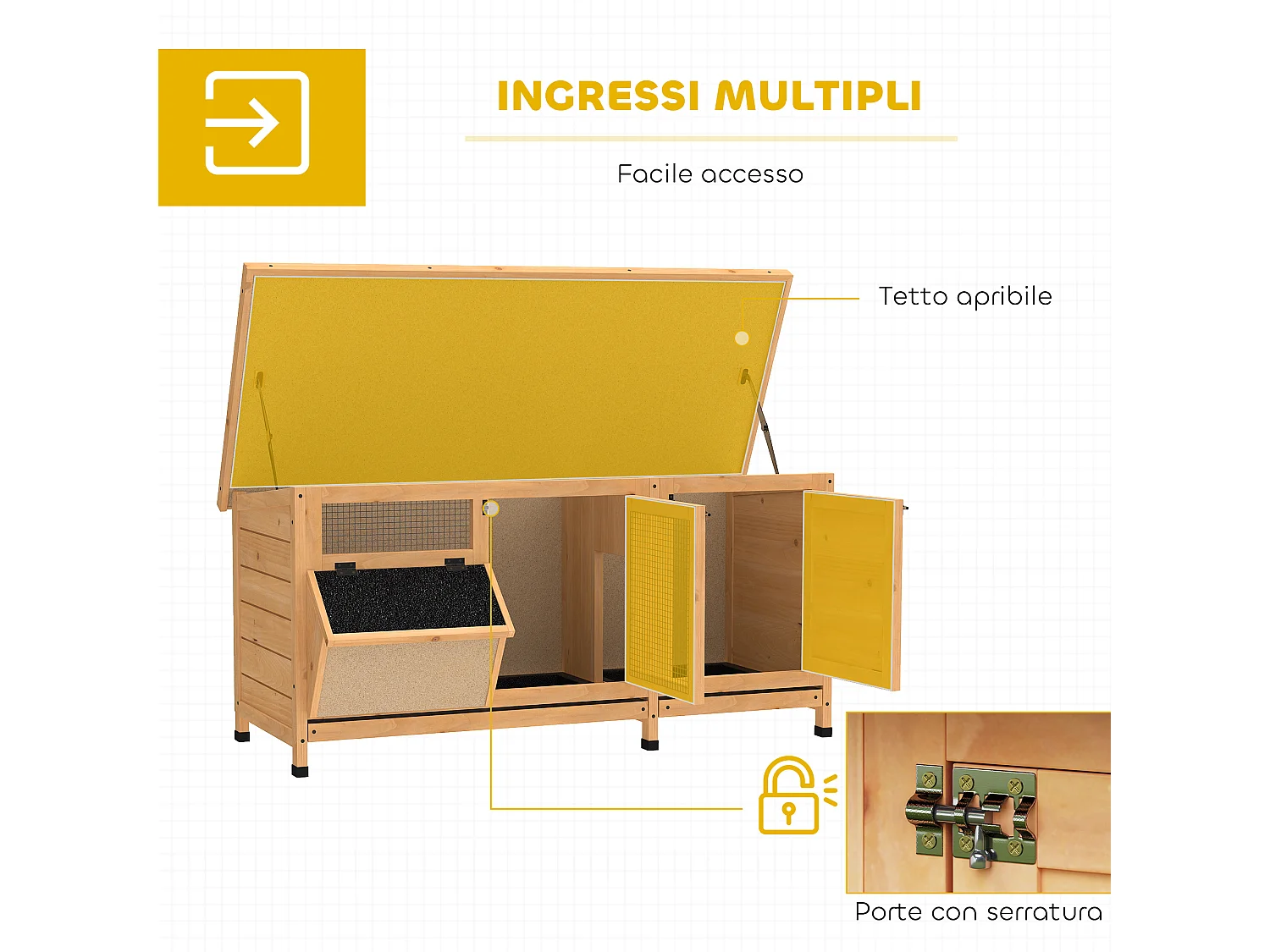 Conigliera da esterno con mangiatoia e vassoi estraibili giallo