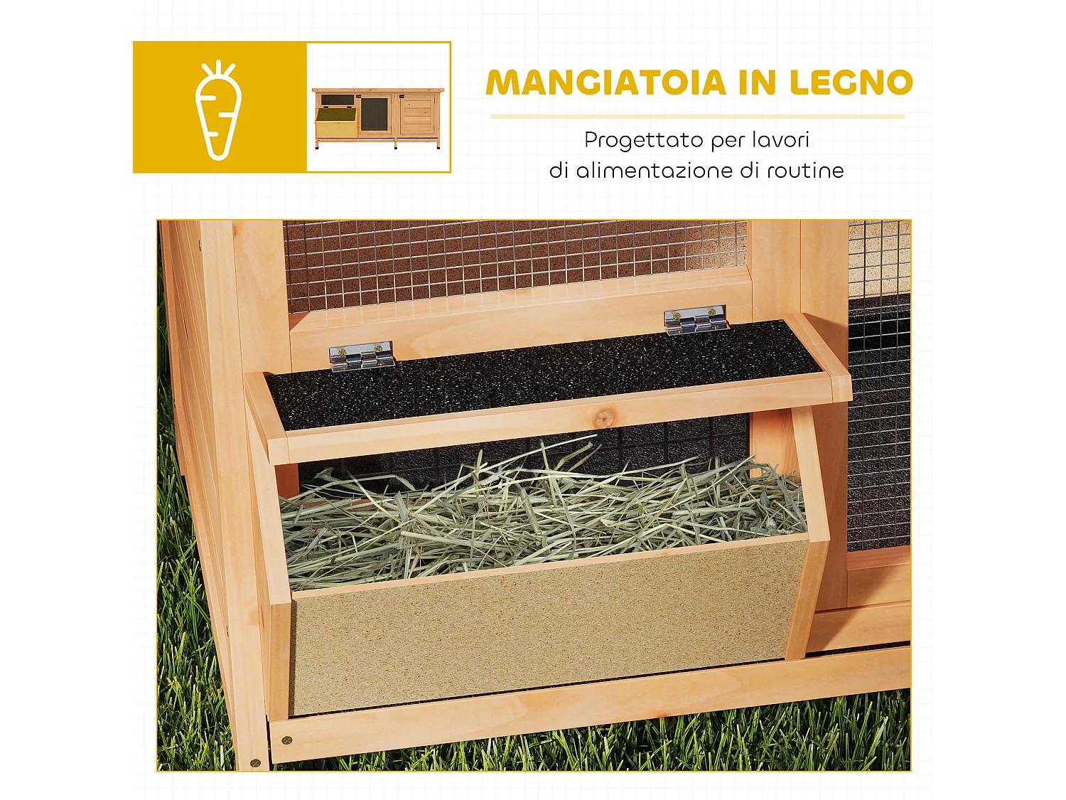 Conigliera da esterno con mangiatoia e vassoi estraibili giallo
