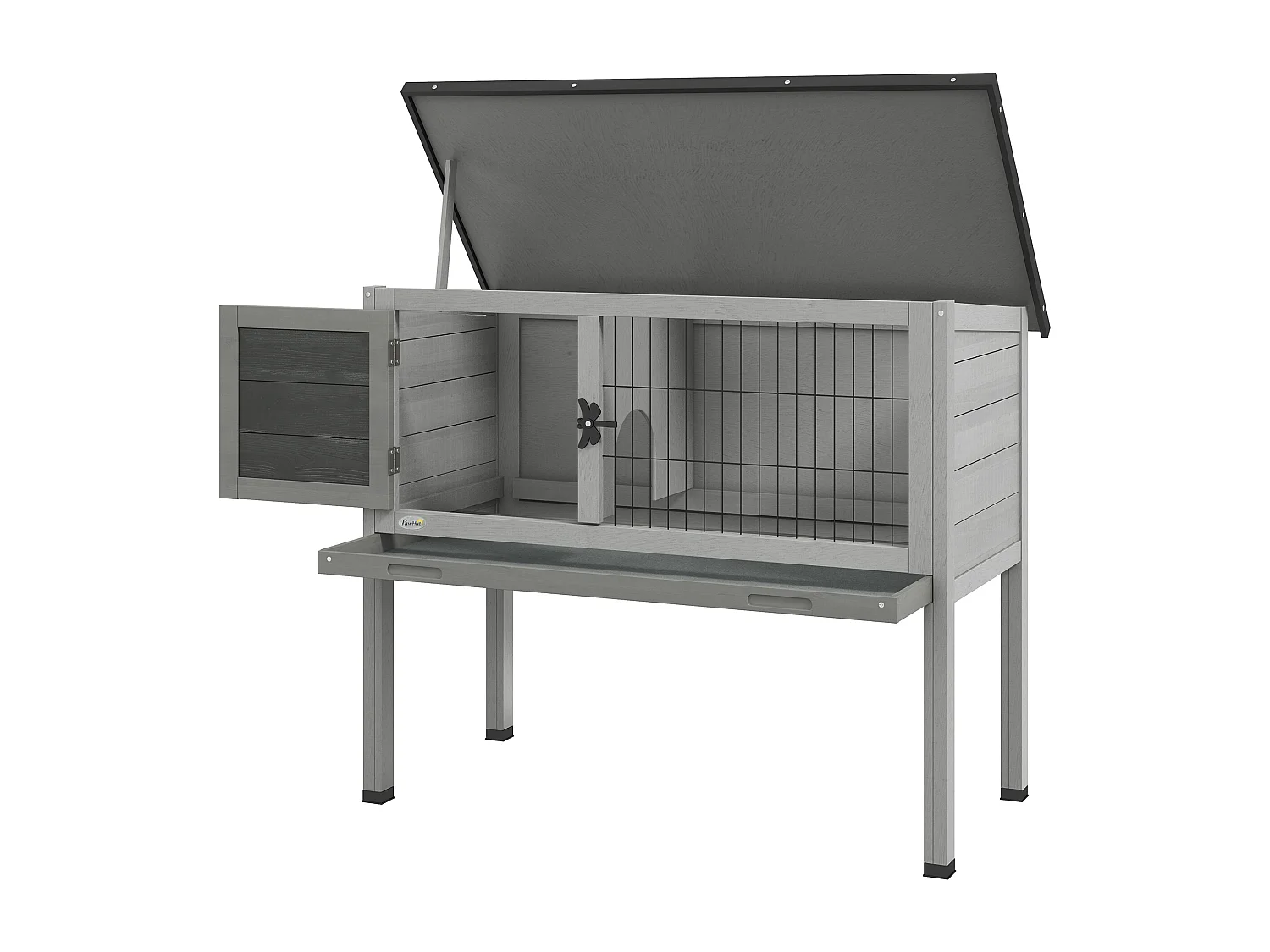Conigliera rialzata da esterno con tetto apribile in legno grigio