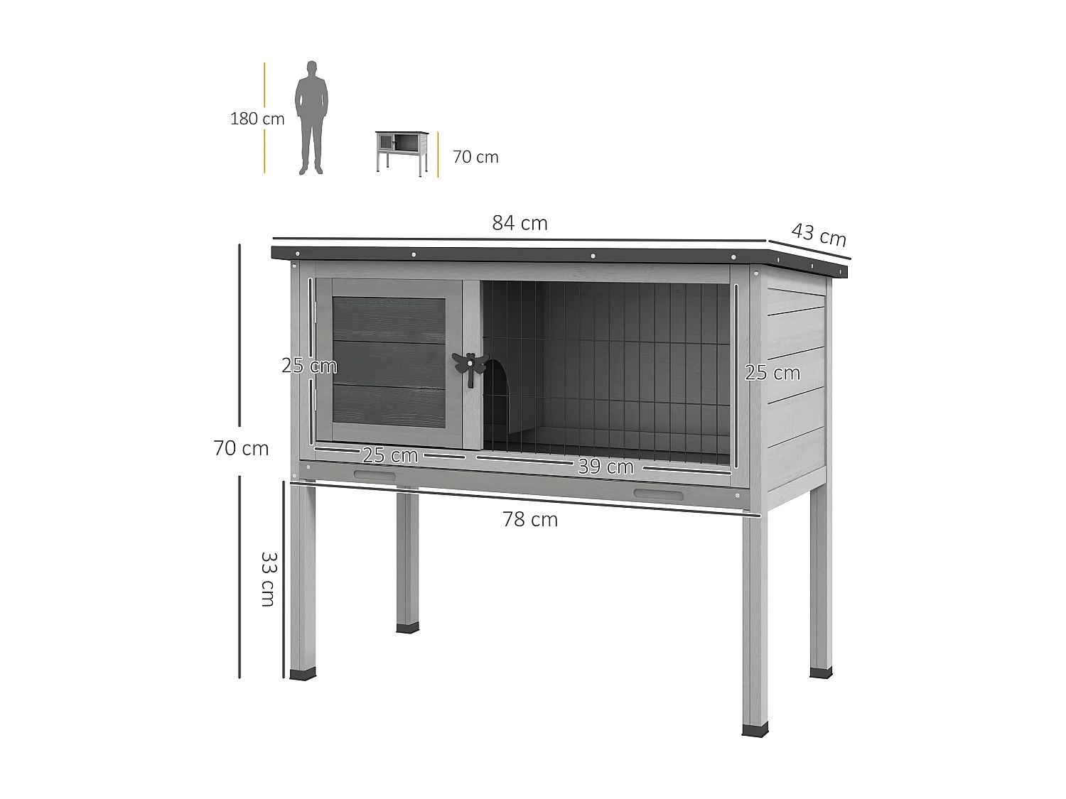 Conigliera rialzata da esterno con tetto apribile in legno grigio
