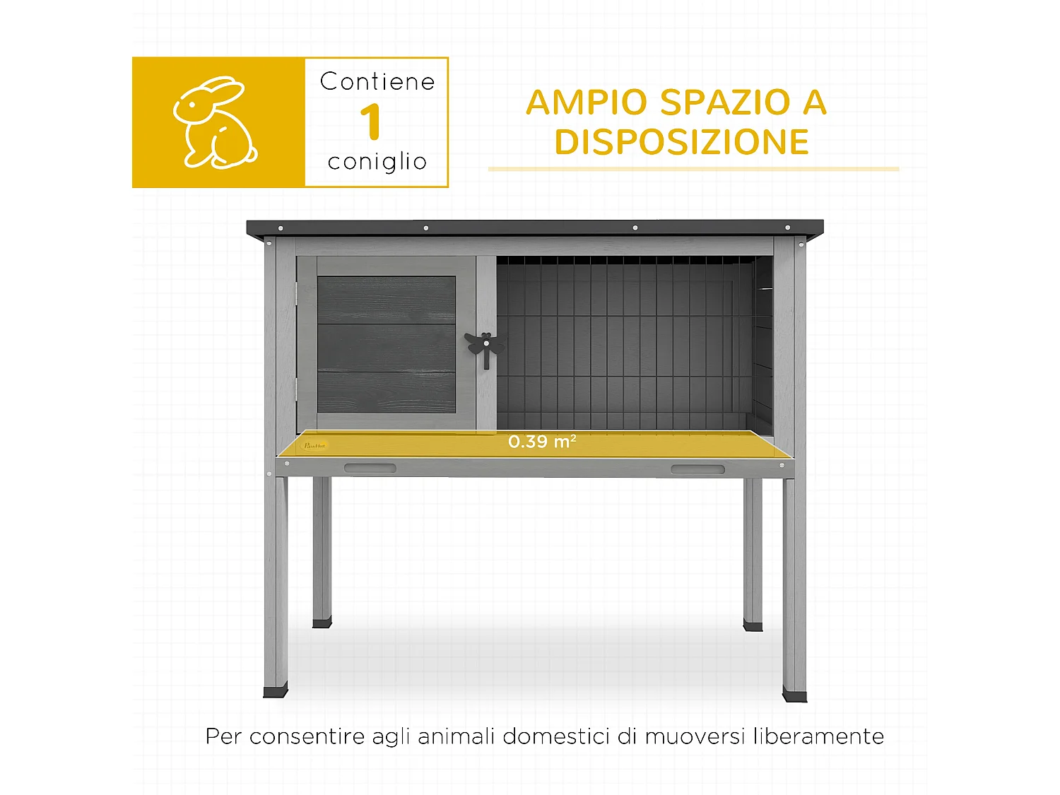 Conigliera rialzata da esterno con tetto apribile in legno grigio