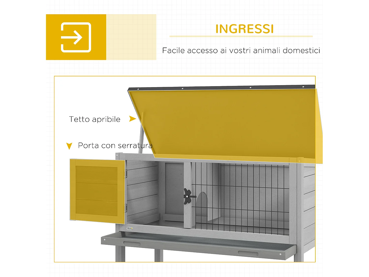 Conigliera rialzata da esterno con tetto apribile in legno grigio