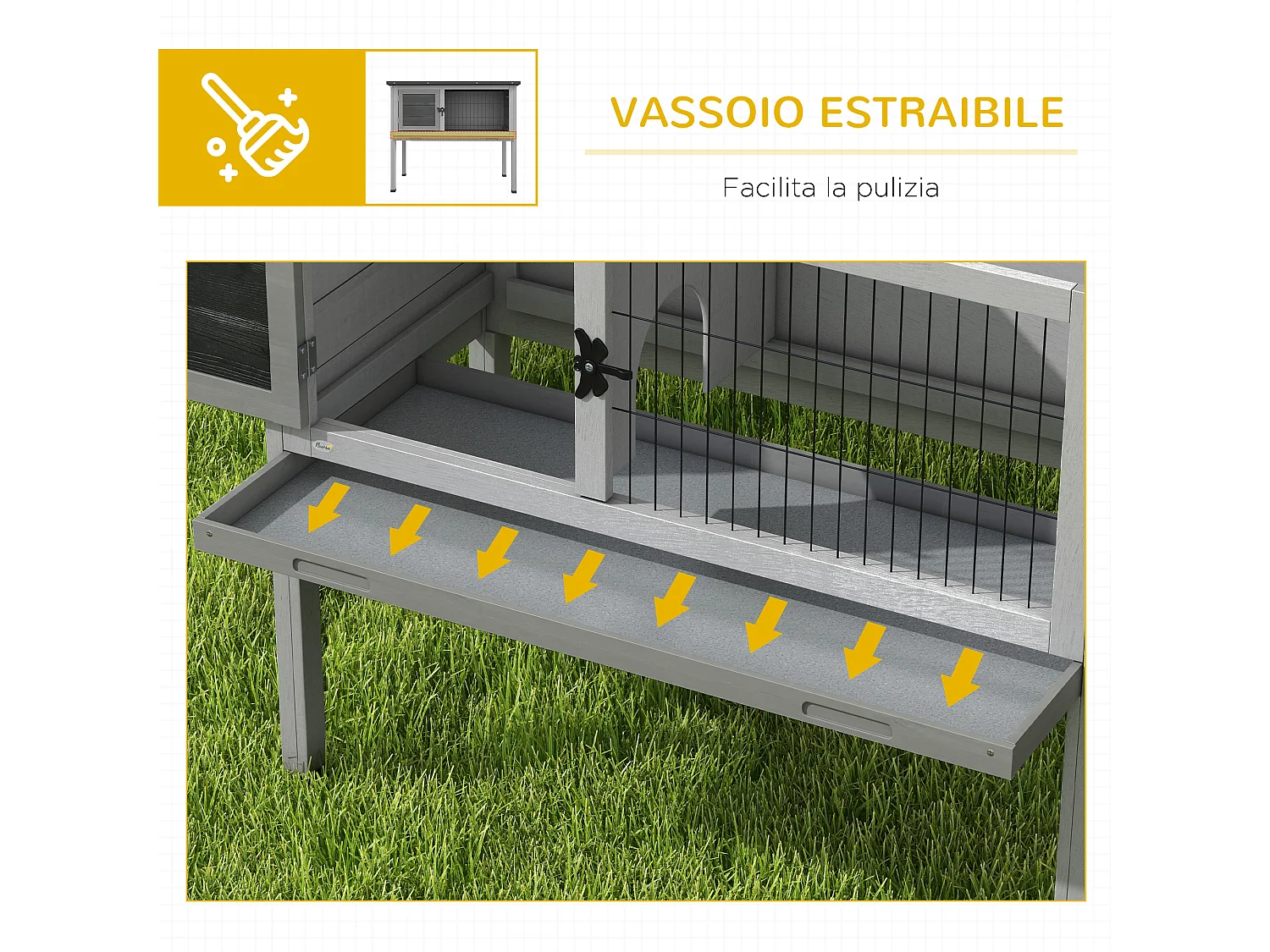 Conigliera rialzata da esterno con tetto apribile in legno grigio