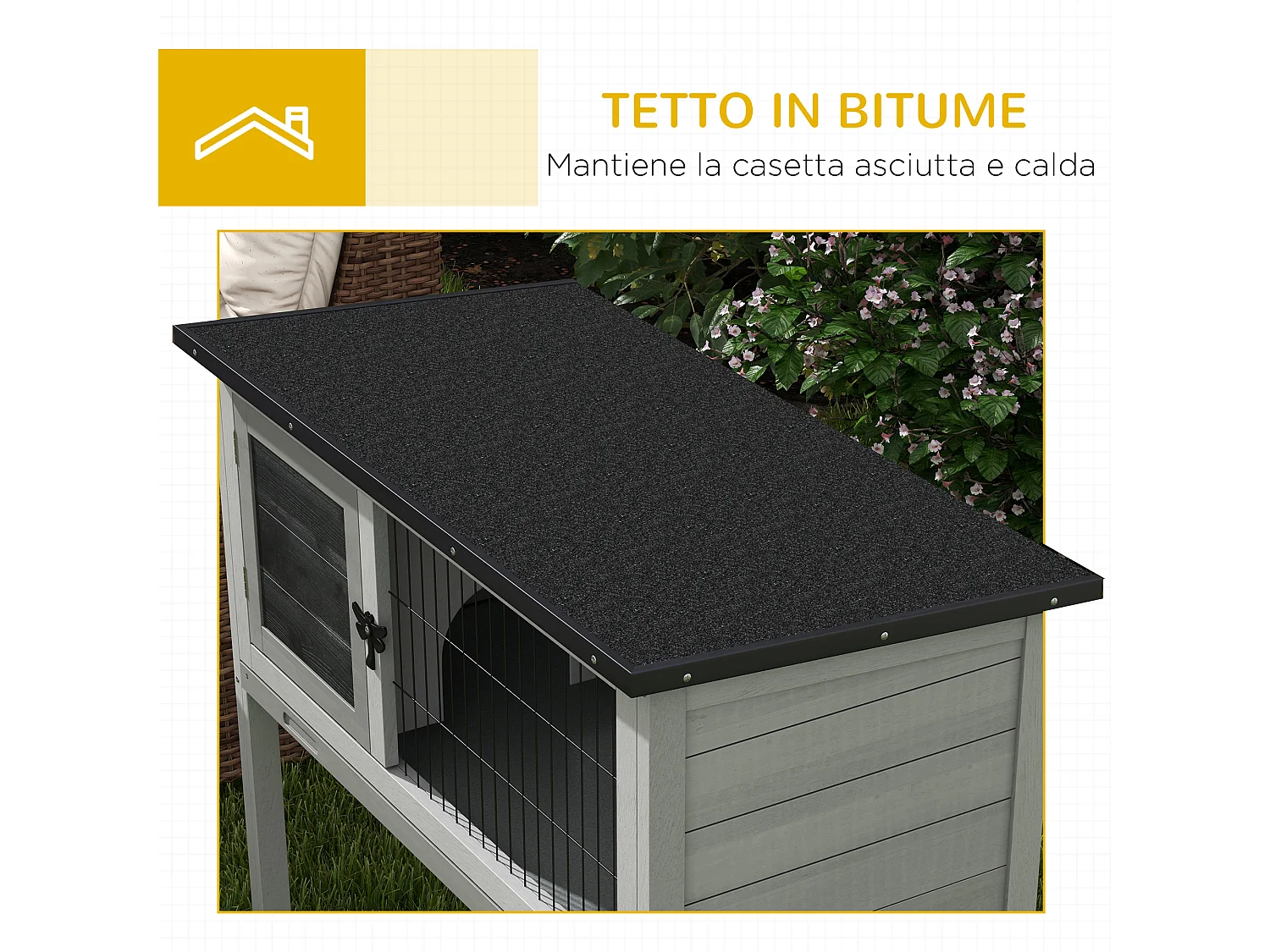 Conigliera rialzata da esterno con tetto apribile in legno grigio