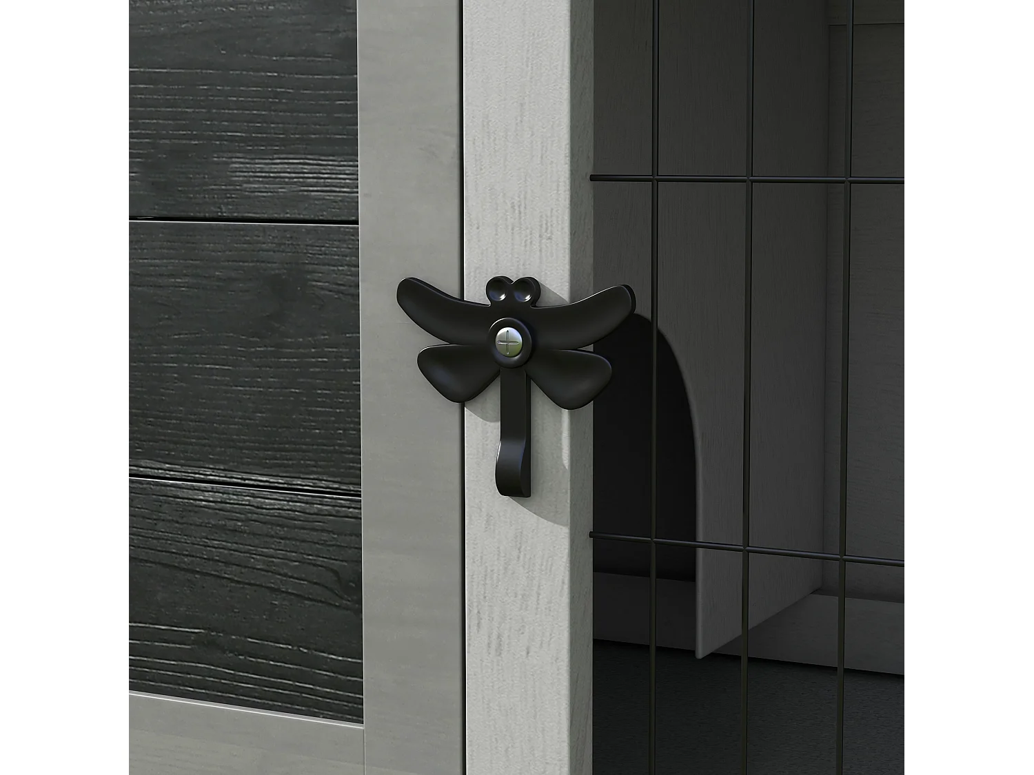 Conigliera rialzata da esterno con tetto apribile in legno grigio