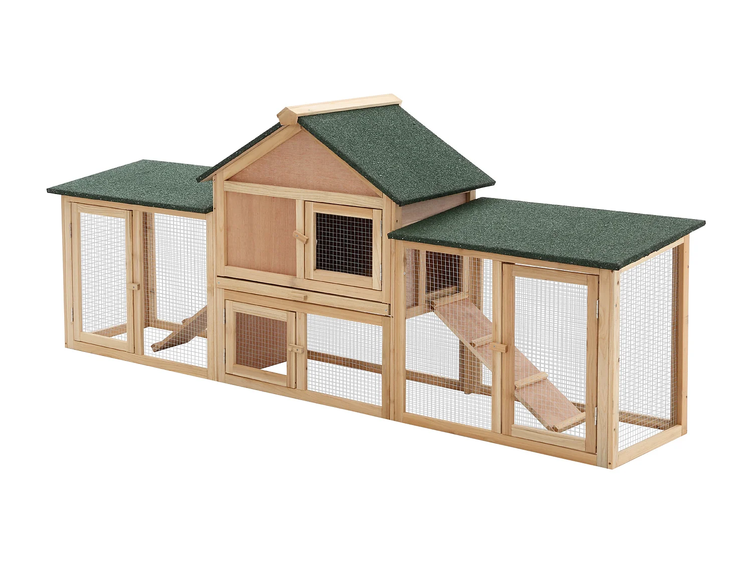 Gabbia per conigli conigliera recintata con rampe tetto impermeabile e vassoio estraibile 210 x 45.5 x 84.5 cm