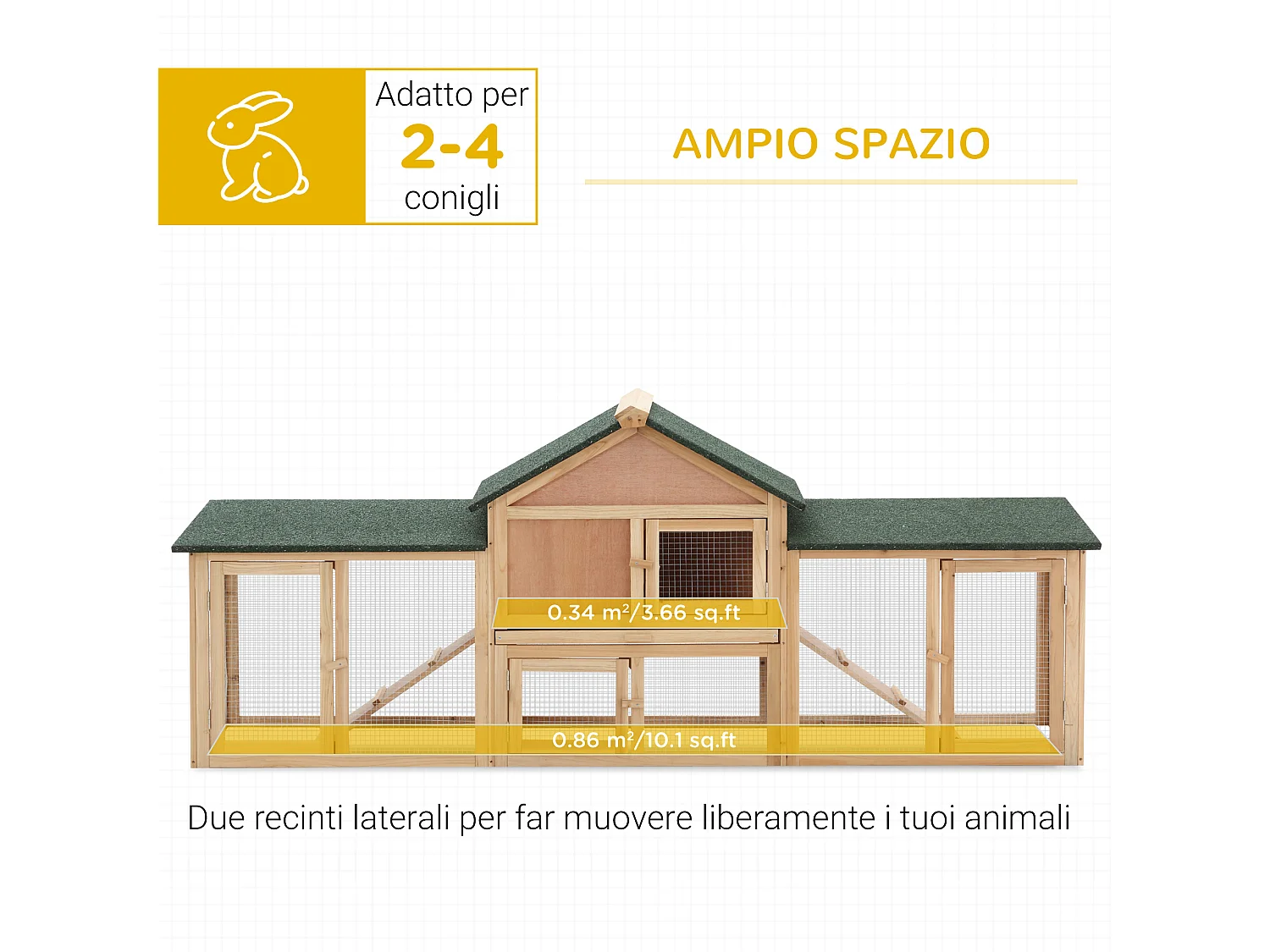 Gabbia per conigli conigliera recintata con rampe tetto impermeabile e vassoio estraibile 210 x 45.5 x 84.5 cm