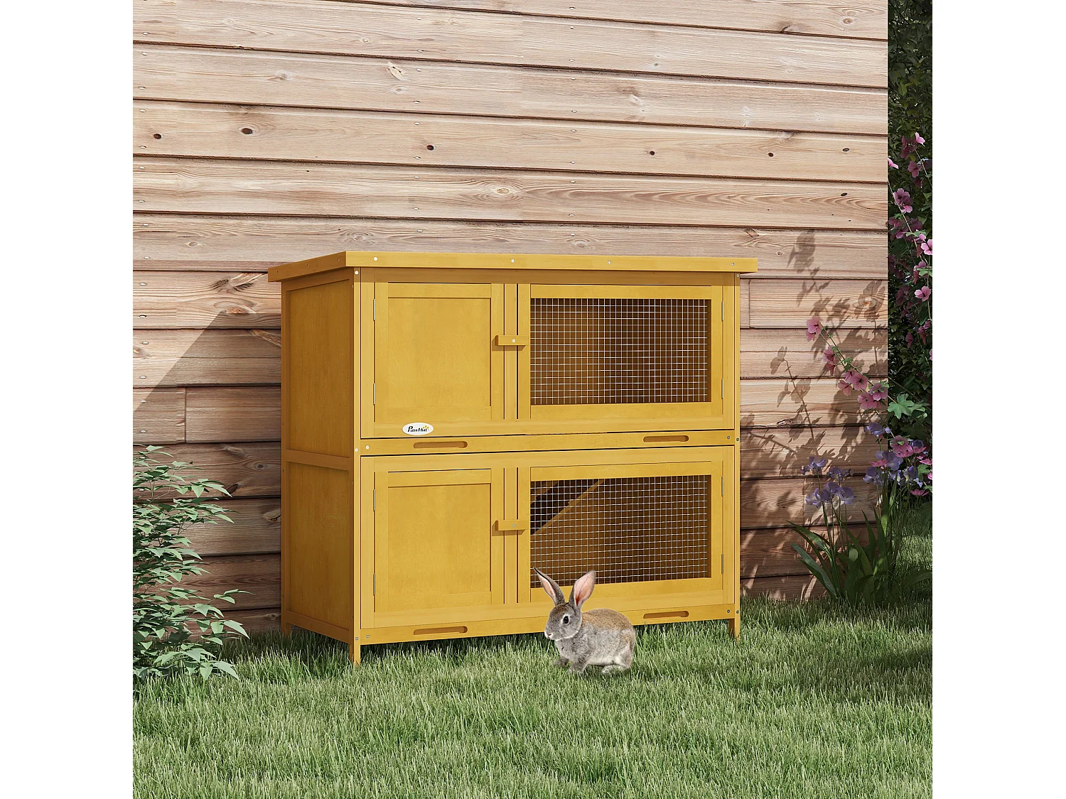 Conigliera a 2 livelli con rampa in legno di abete giallo