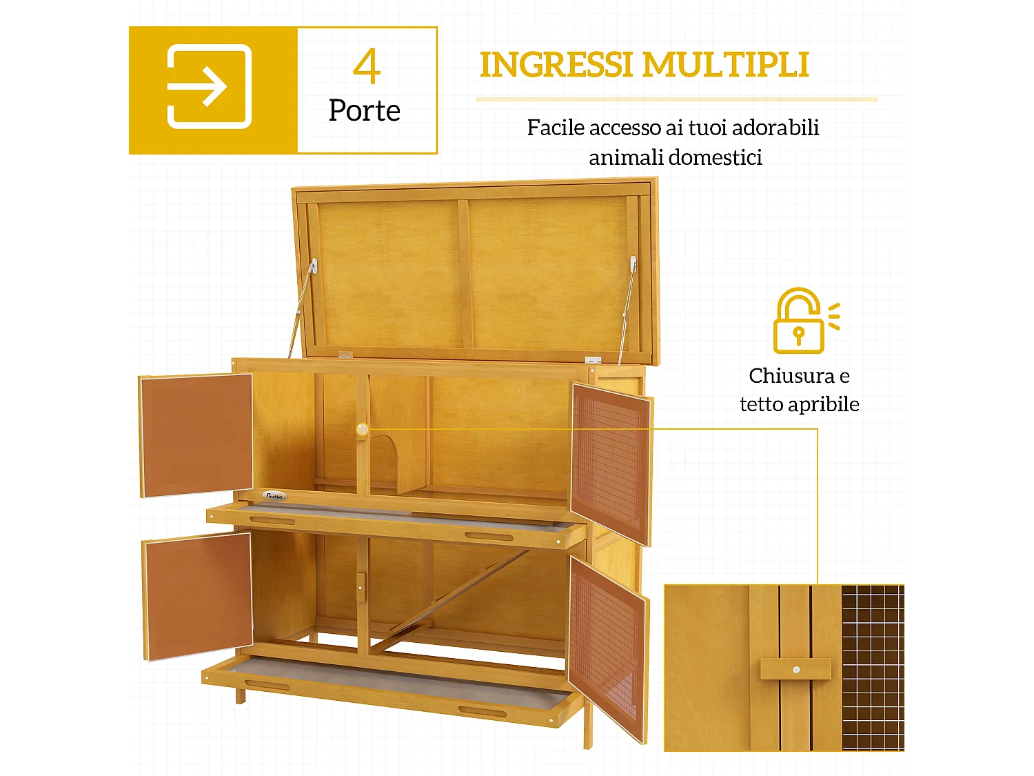 Conigliera a 2 livelli con rampa in legno di abete giallo