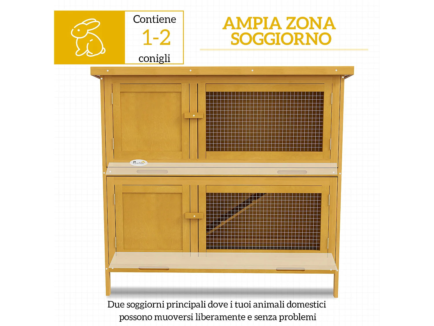 Conigliera a 2 livelli con rampa in legno di abete giallo