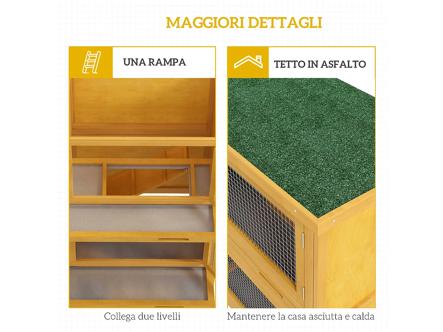 Conigliera a 2 livelli con rampa in legno di abete giallo