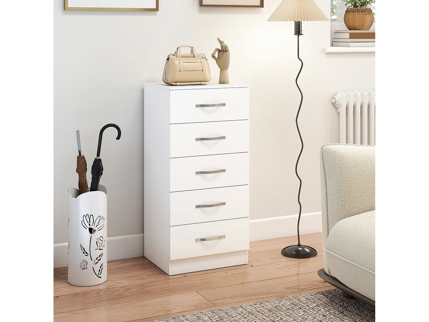 Cassettiera 5 cassetti moderna in truciolato 40x35x85 cm bianco