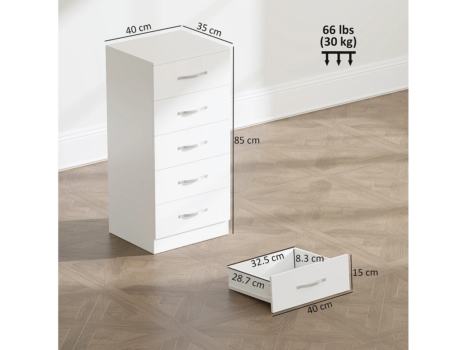 Cassettiera 5 cassetti moderna in truciolato 40x35x85 cm bianco