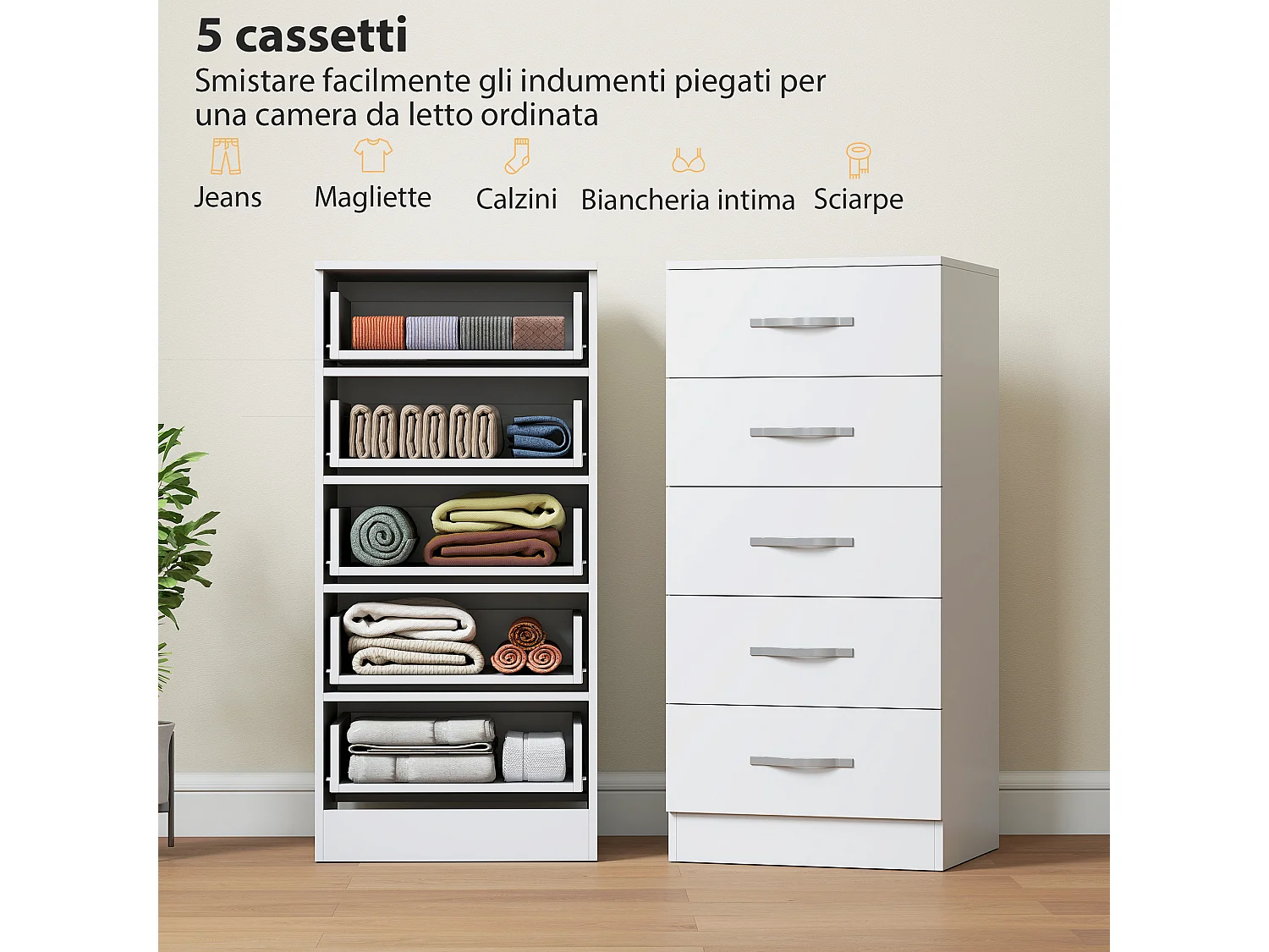 Cassettiera 5 cassetti moderna in truciolato 40x35x85 cm bianco