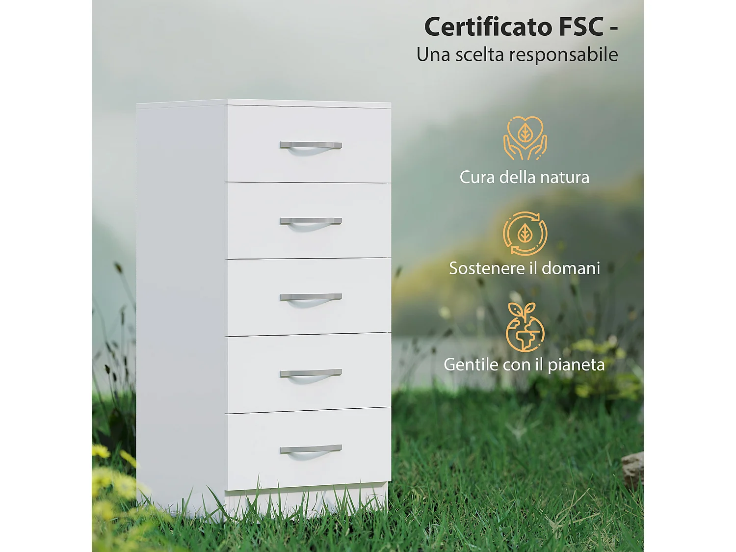 Cassettiera 5 cassetti moderna in truciolato 40x35x85 cm bianco