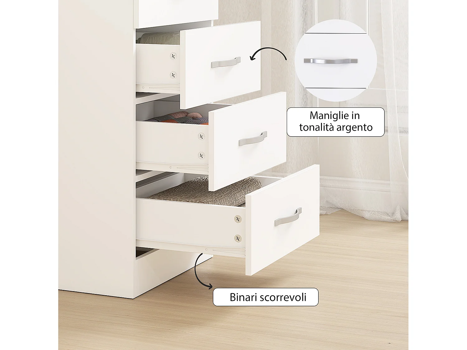 Cassettiera 5 cassetti moderna in truciolato 40x35x85 cm bianco