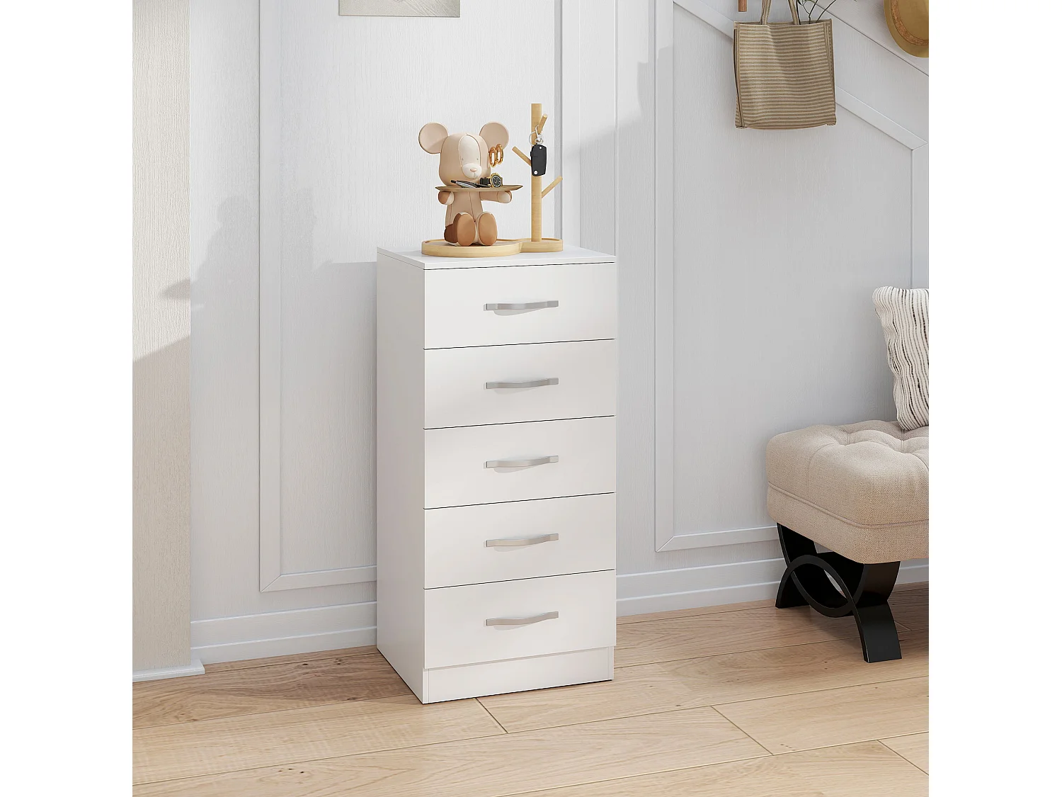 Cassettiera 5 cassetti moderna in truciolato 40x35x85 cm bianco