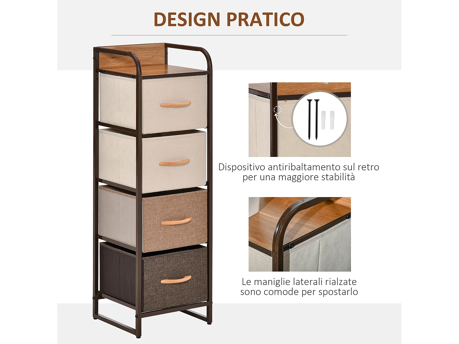 Cassettiera 4 cassetti pieghevoli in tessuto multicolore