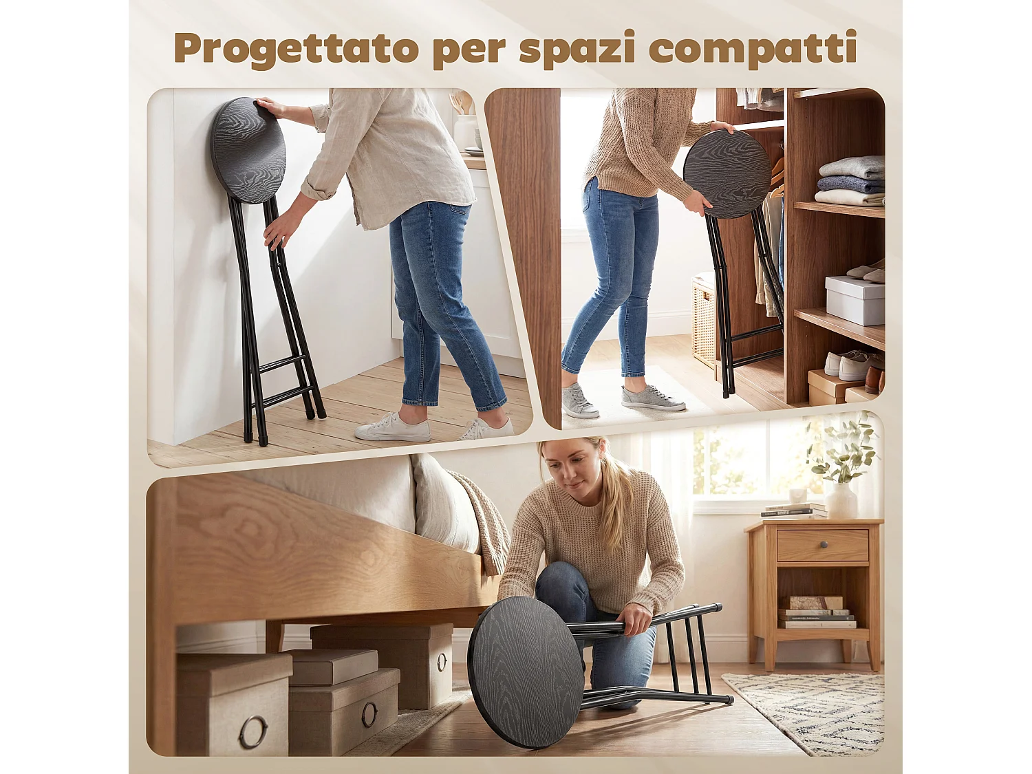 Set 2 sgabelli bar pieghevoli con doppio poggiapiedi 34x30x70 cm nero