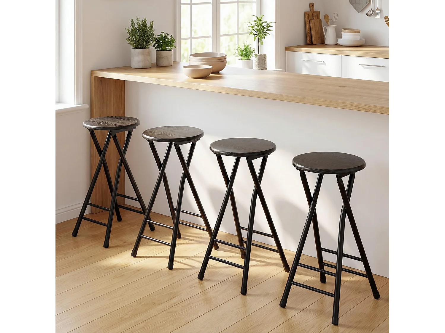 Set 2 sgabelli bar pieghevoli con doppio poggiapiedi 34x30x70 cm nero