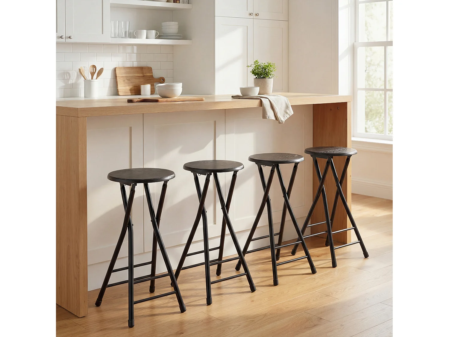 Set 4 sgabelli bar pieghevoli con doppio poggiapiedi 34x30x70 cm nero