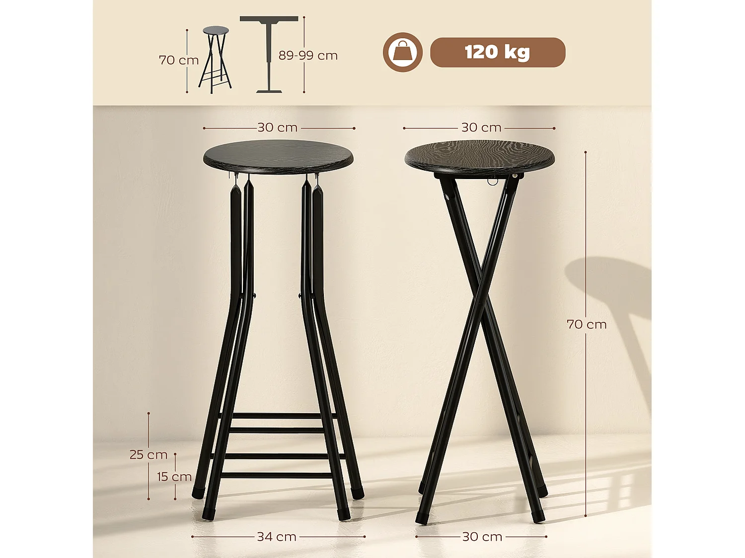 Set 4 sgabelli bar pieghevoli con doppio poggiapiedi 34x30x70 cm nero