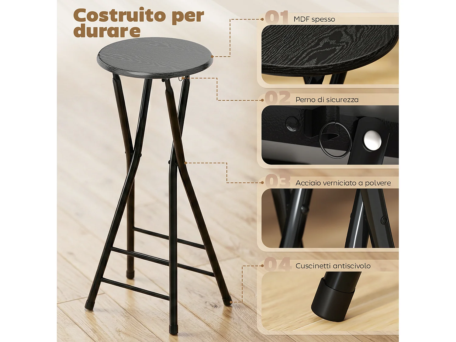 Set 4 sgabelli bar pieghevoli con doppio poggiapiedi 34x30x70 cm nero