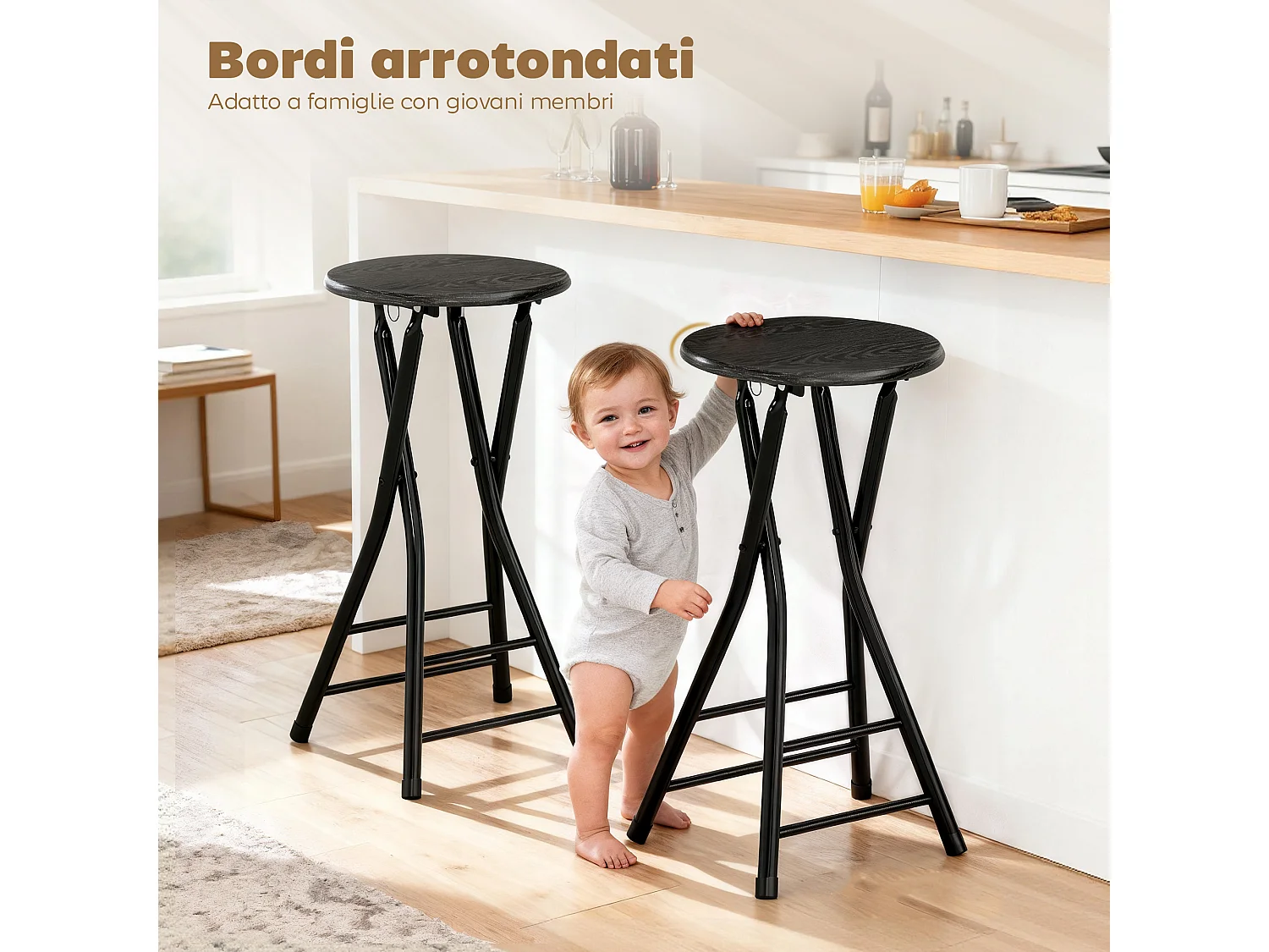 Set 4 sgabelli bar pieghevoli con doppio poggiapiedi 34x30x70 cm nero