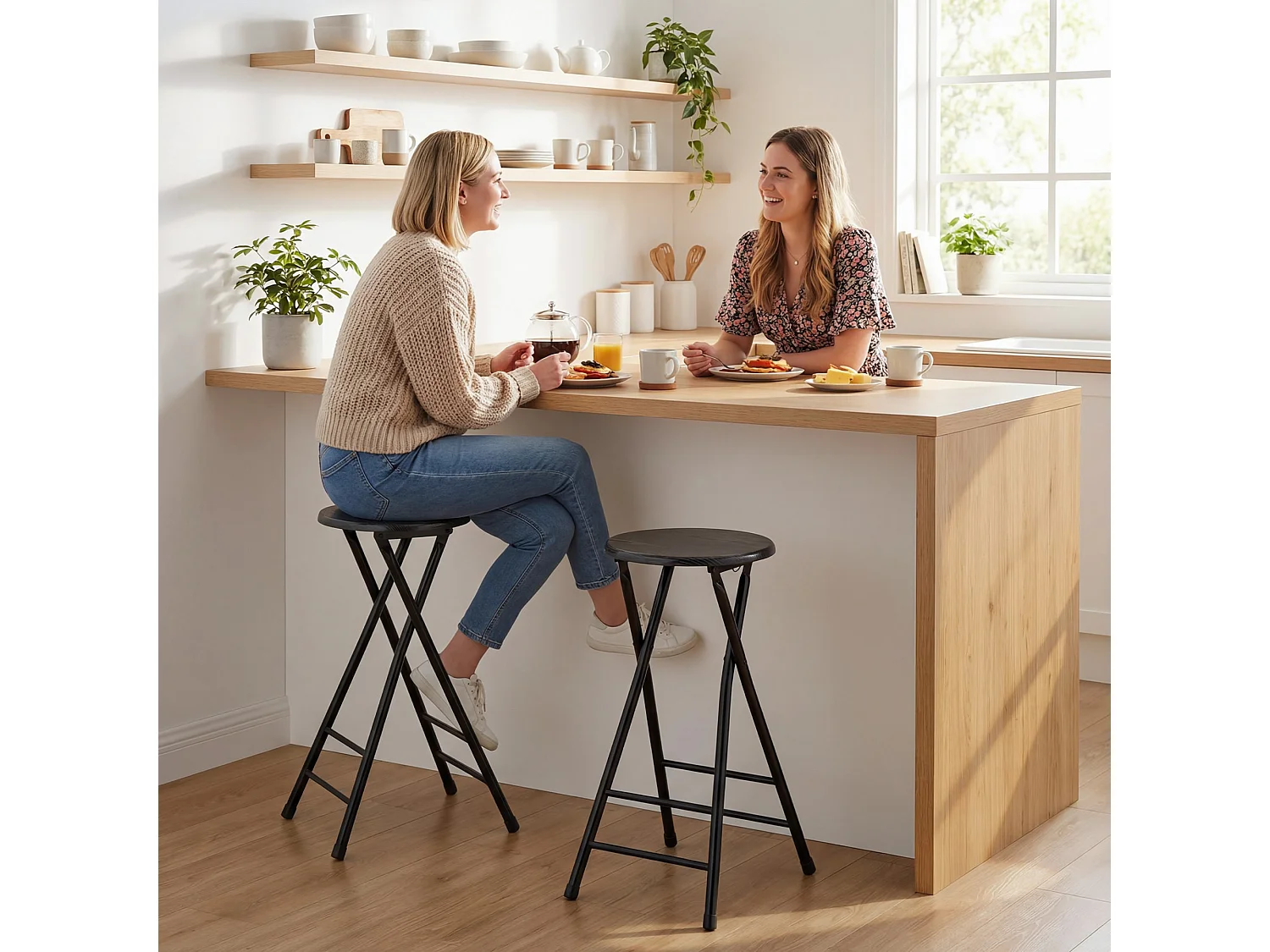 Set 4 sgabelli bar pieghevoli con doppio poggiapiedi 34x30x70 cm nero