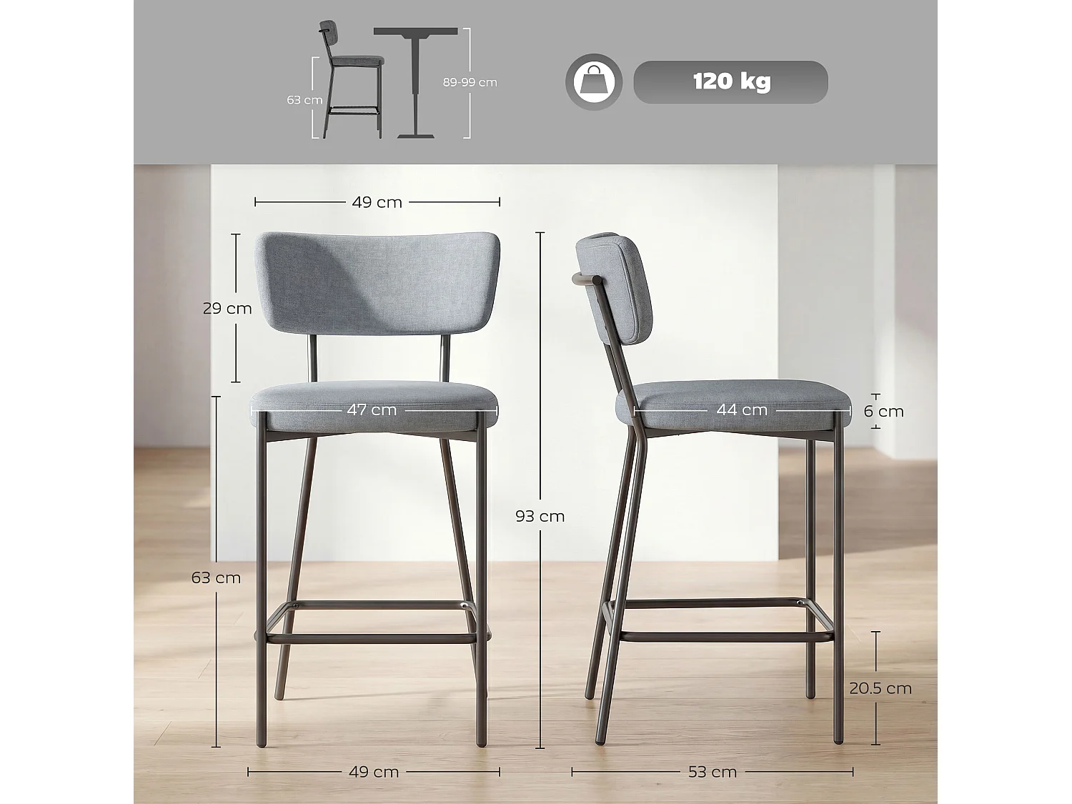 Set 2 sgabelli da bar con schienale e poggiapiedi in tessuto grigio