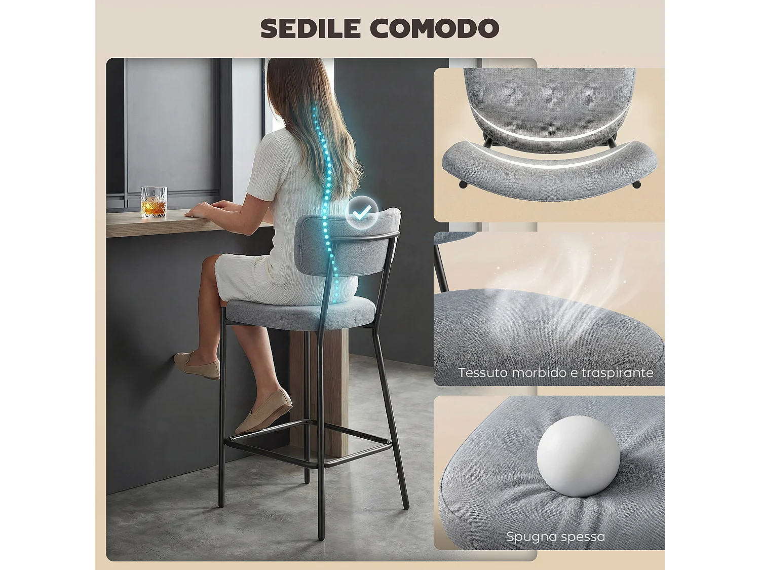 Set 2 sgabelli da bar con schienale e poggiapiedi in tessuto grigio