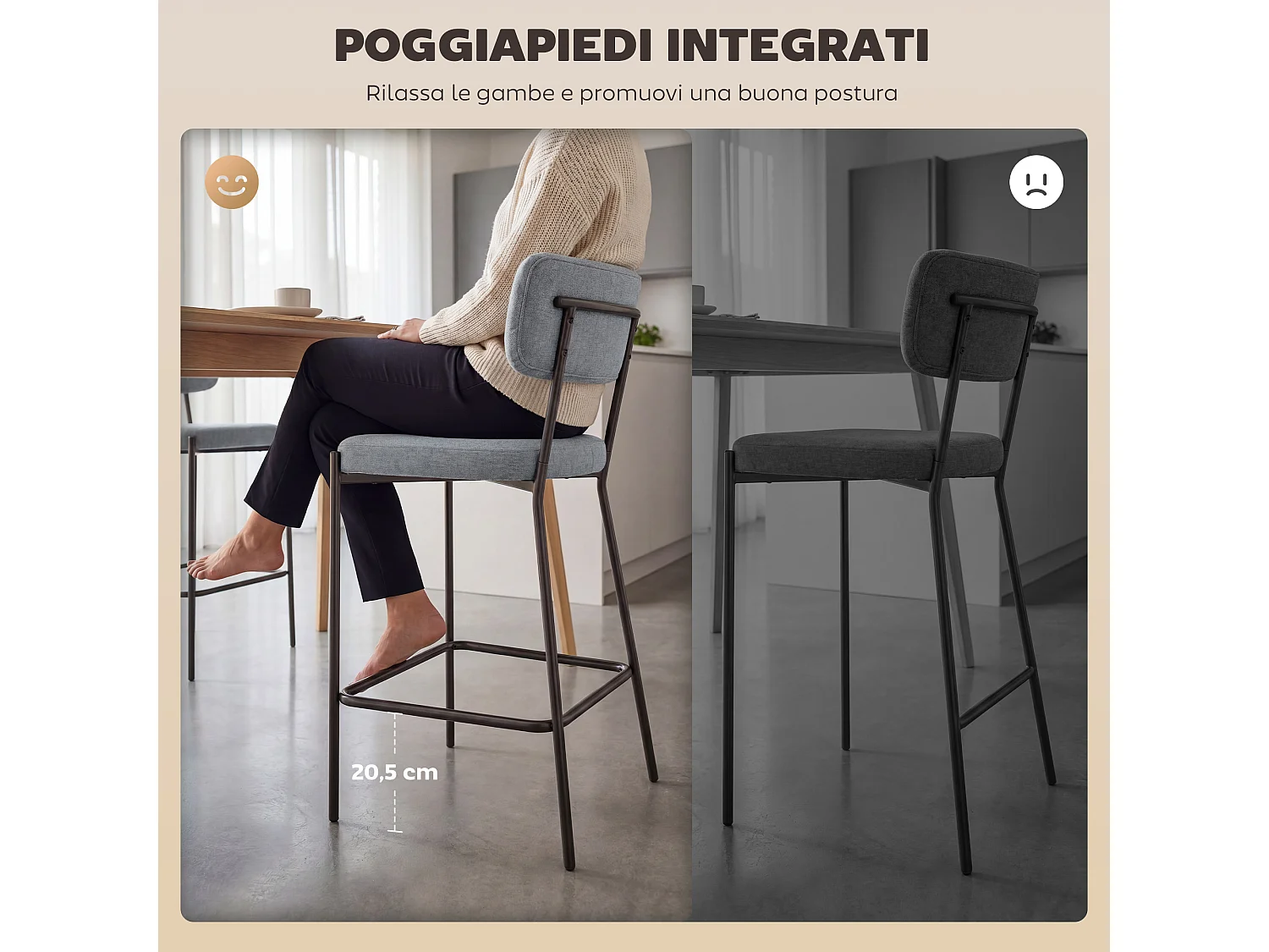 Set 2 sgabelli da bar con schienale e poggiapiedi in tessuto grigio