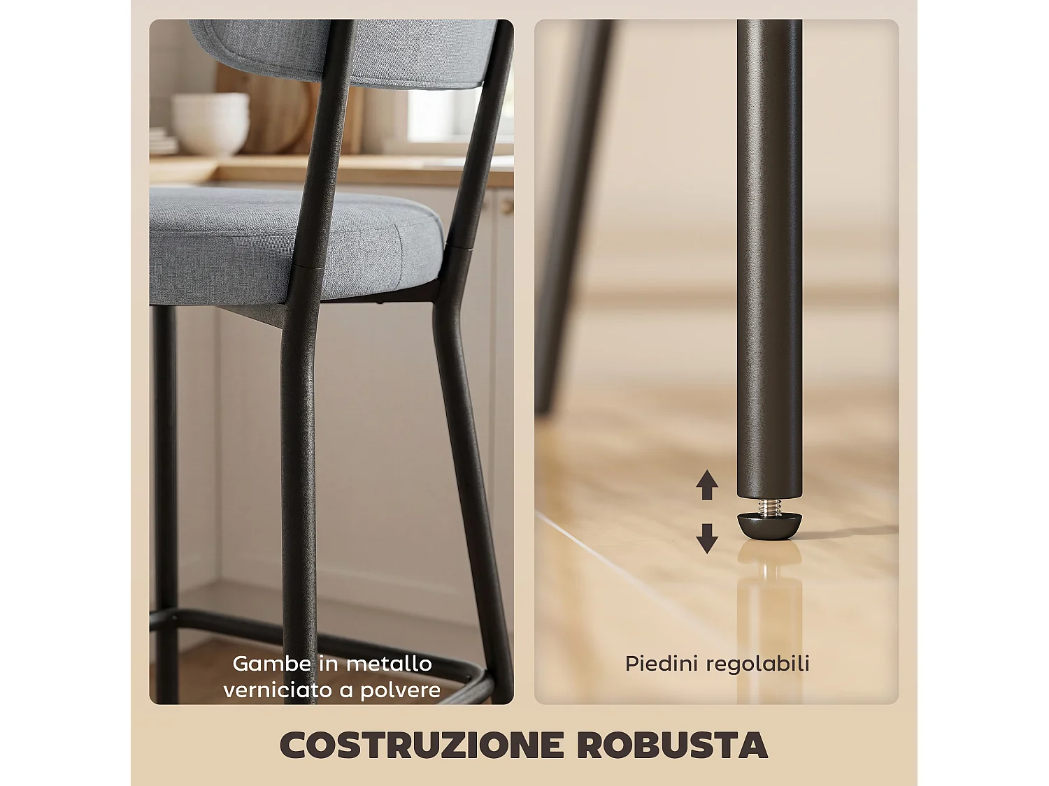 Set 2 sgabelli da bar con schienale e poggiapiedi in tessuto grigio