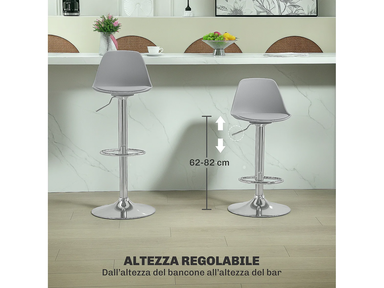 Set 2 sgabelli da bar girevoli con schienale e poggiapiedi grigio