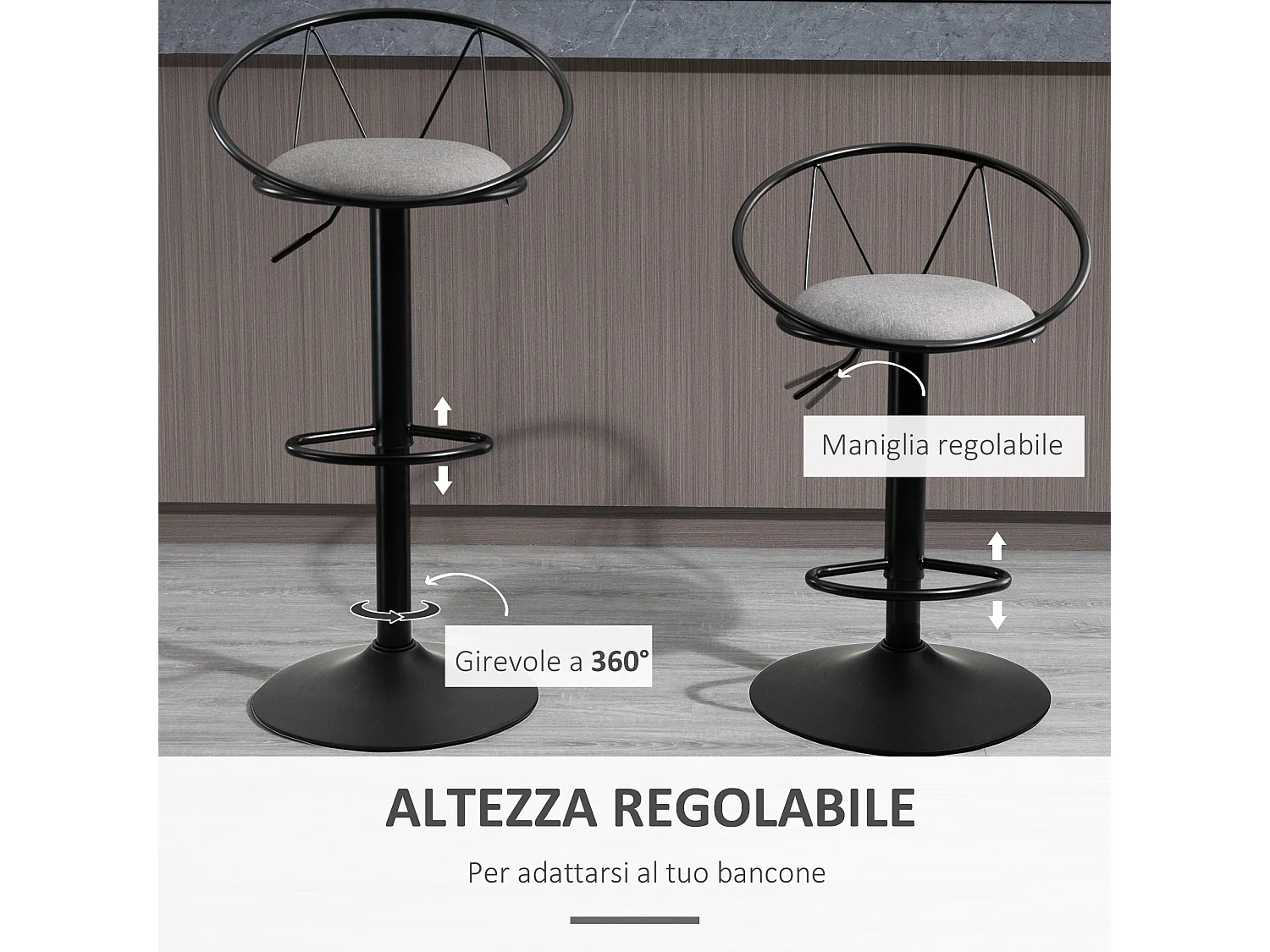Set 2 sgabelli da bar con schienale e girevoli grigio