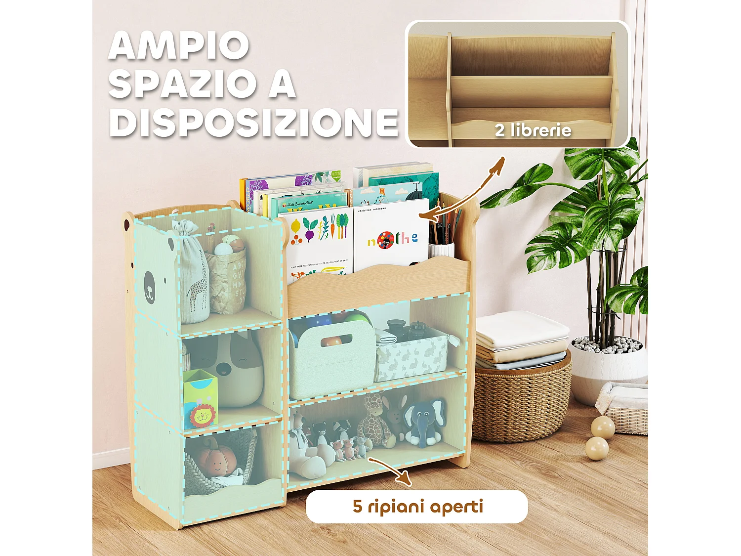 Scaffale portagiochi per bambini con ripiani aperti 92x29x79cm legno