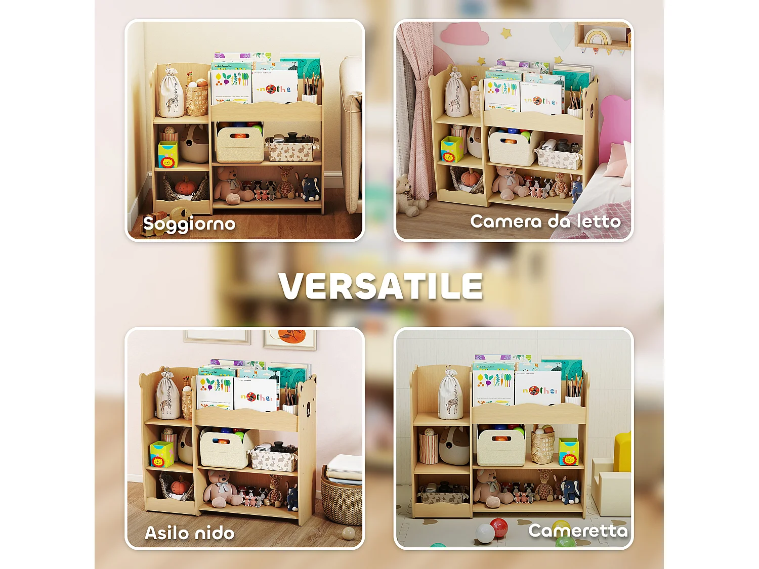 Scaffale portagiochi per bambini con ripiani aperti 92x29x79cm legno