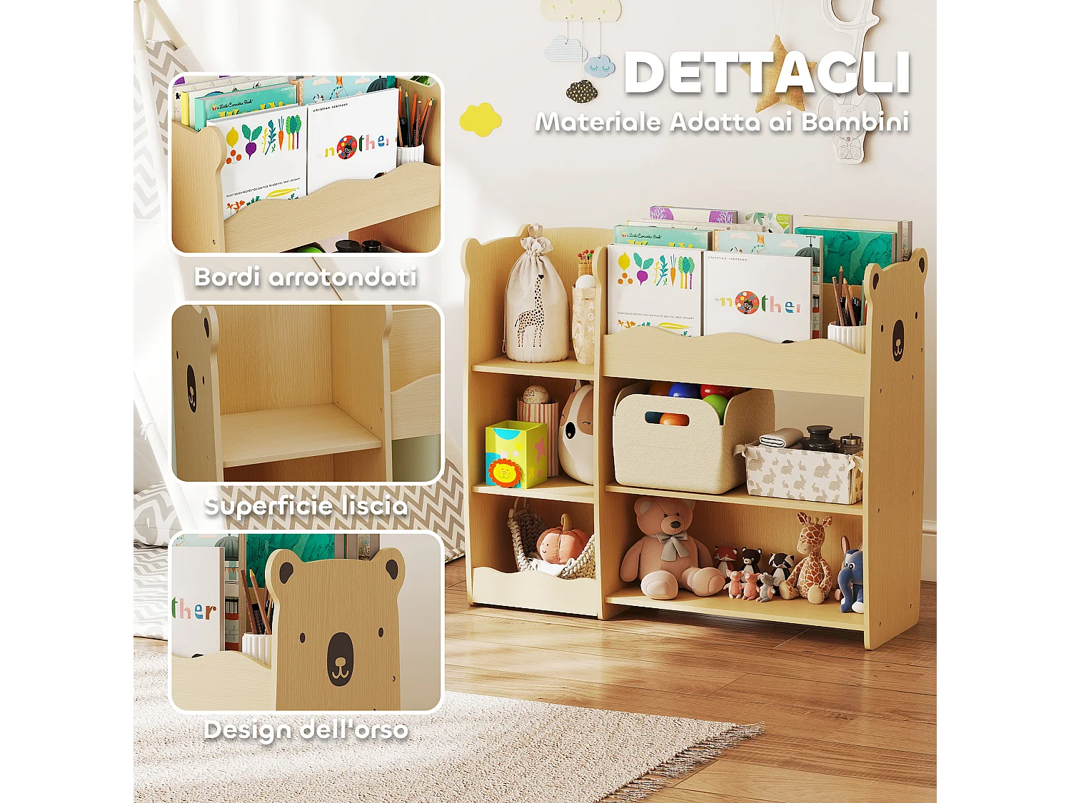 Scaffale portagiochi per bambini con ripiani aperti 92x29x79cm legno