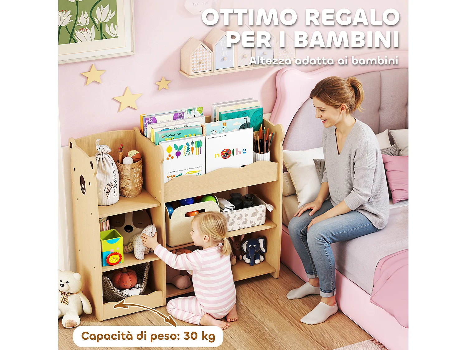 Scaffale portagiochi per bambini con ripiani aperti 92x29x79cm legno