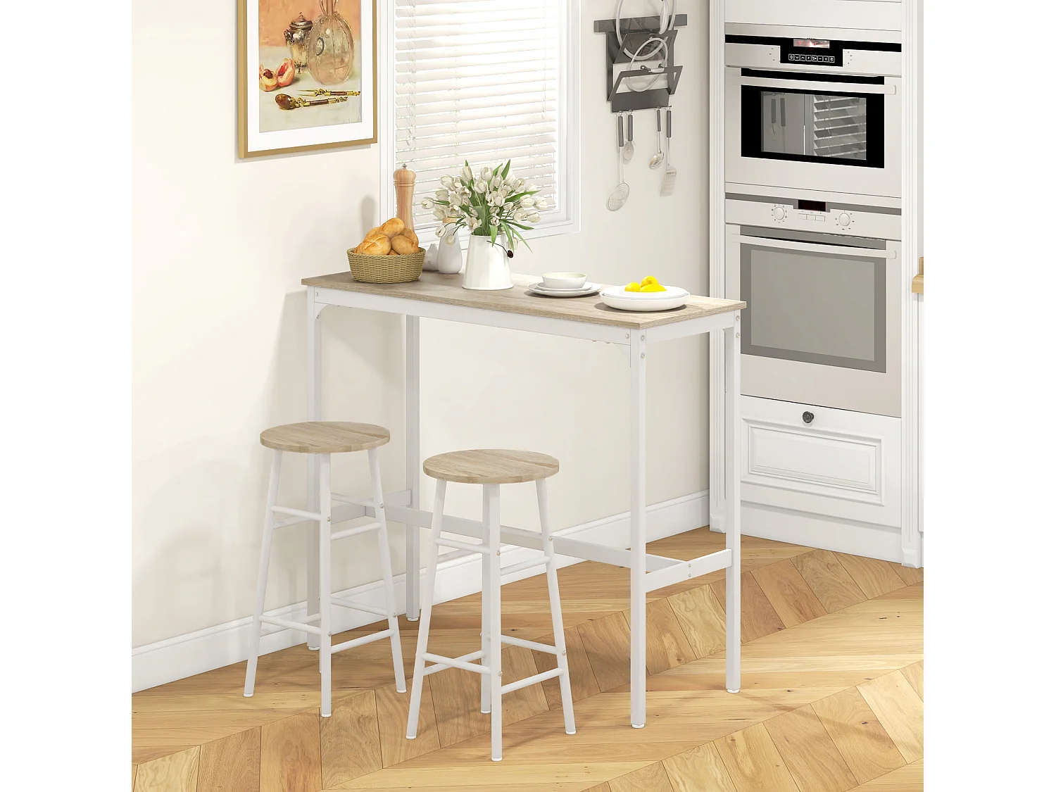 Set tavolo alto e 2 sgabelli da bar stile industriale bianco e rovere